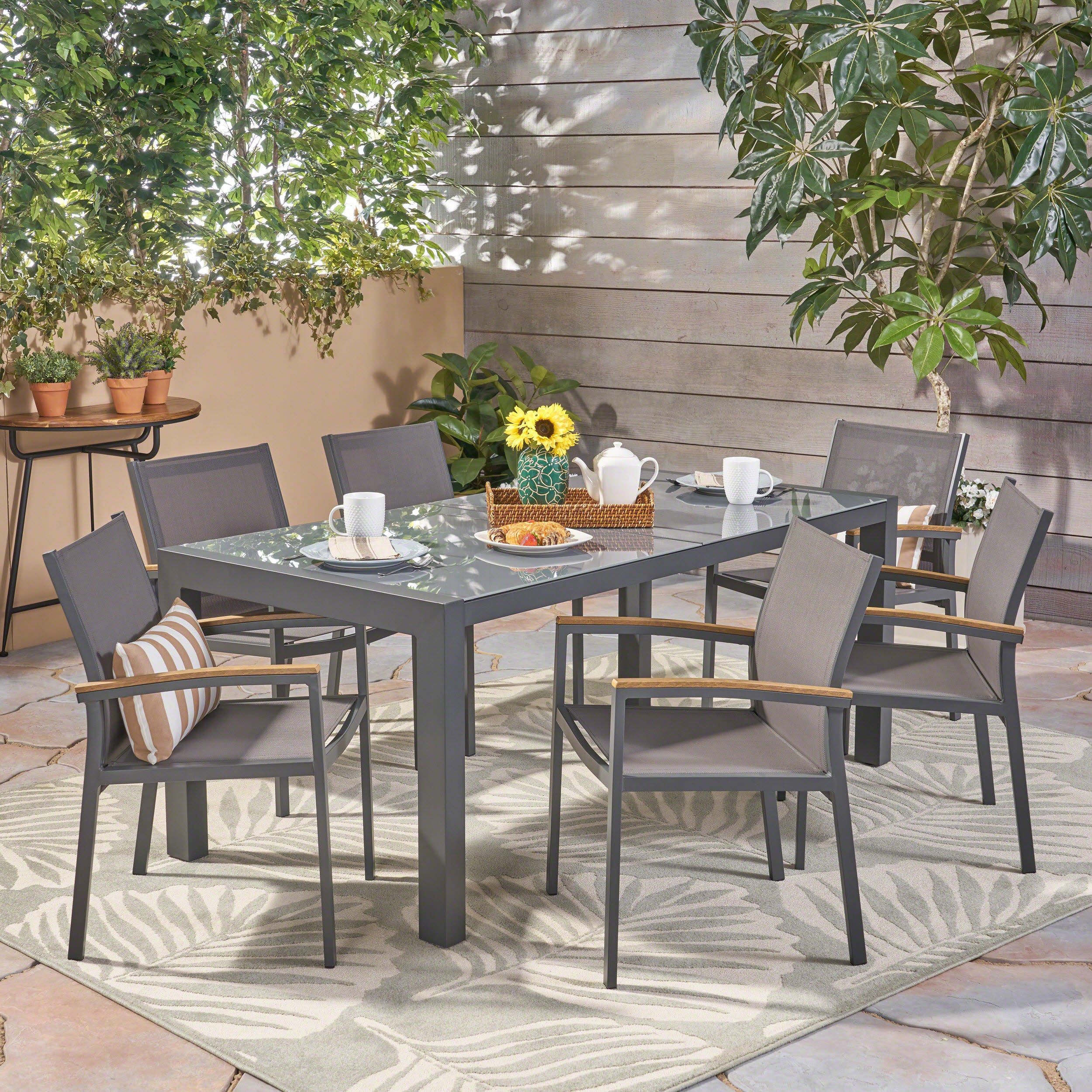 Jamie Outdoor Aluminum and Mesh 7 Piece Dining Set with Glass Table Top - furnishings