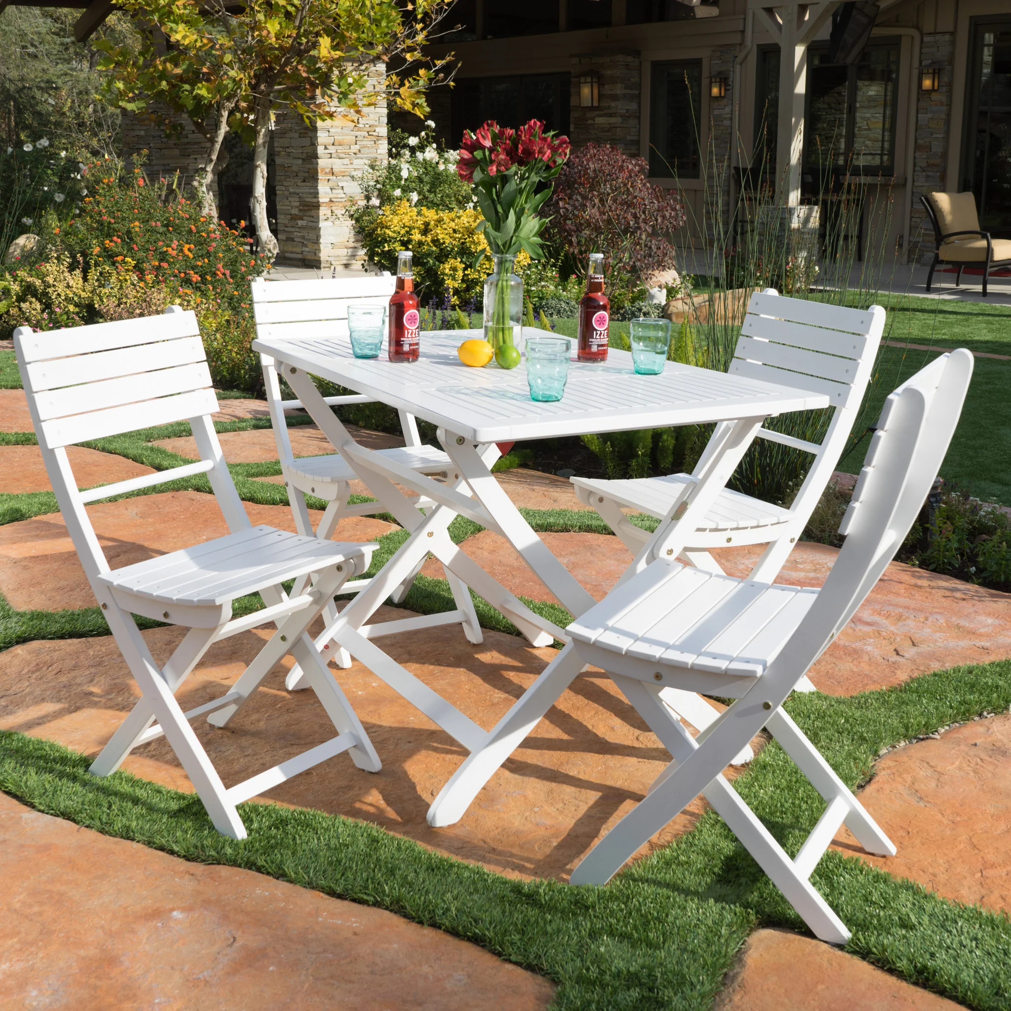 Vicaro Outdoor White Finish Acacia Wood Foldable Dining Set - furnishings