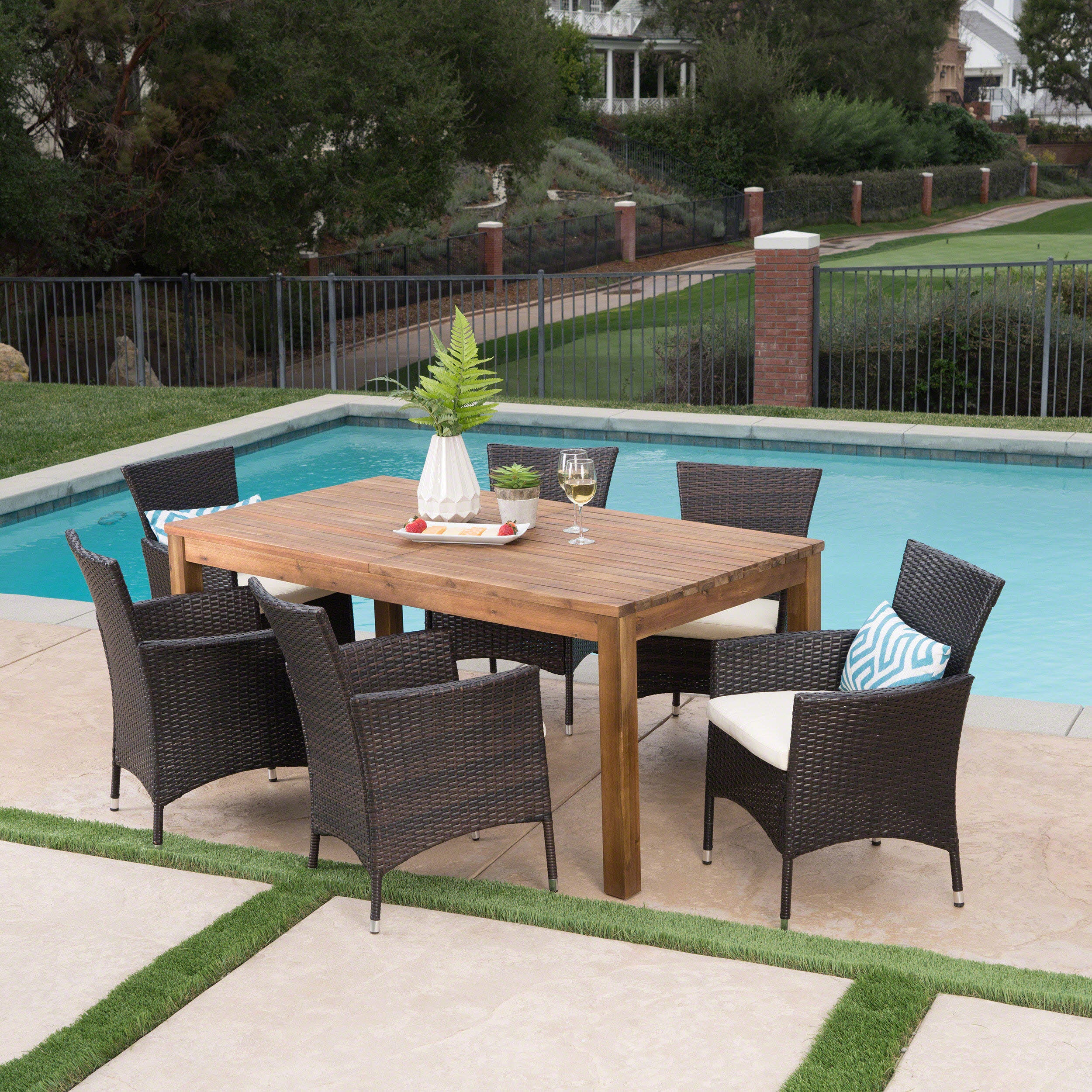 Lorelei Outdoor 7 Piece Wicker Dining Set with Expandable Dining Table - furnishings