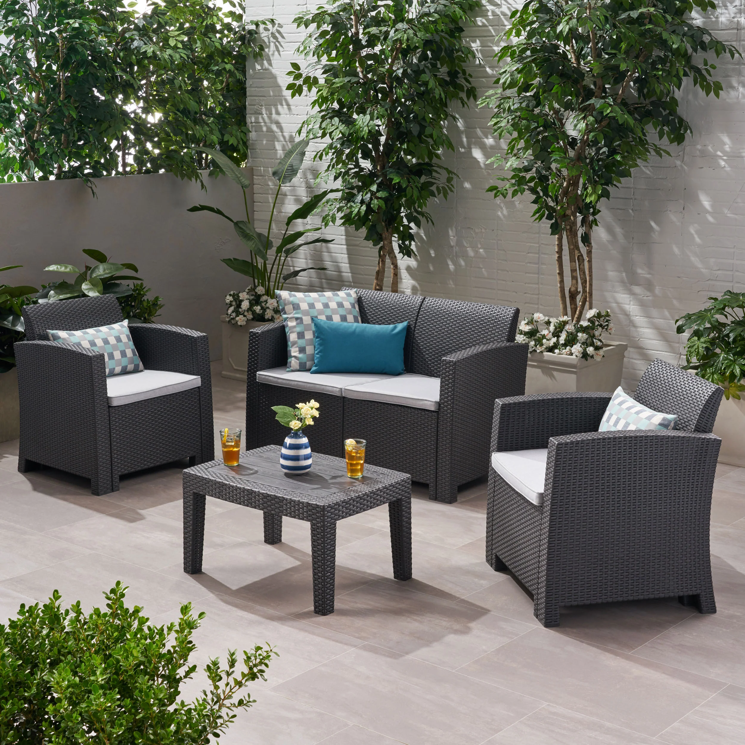 Dayton Outdoor 4 Piece Faux Wicker Rattan Chat Set with Water Resistant Cushions - furnishings