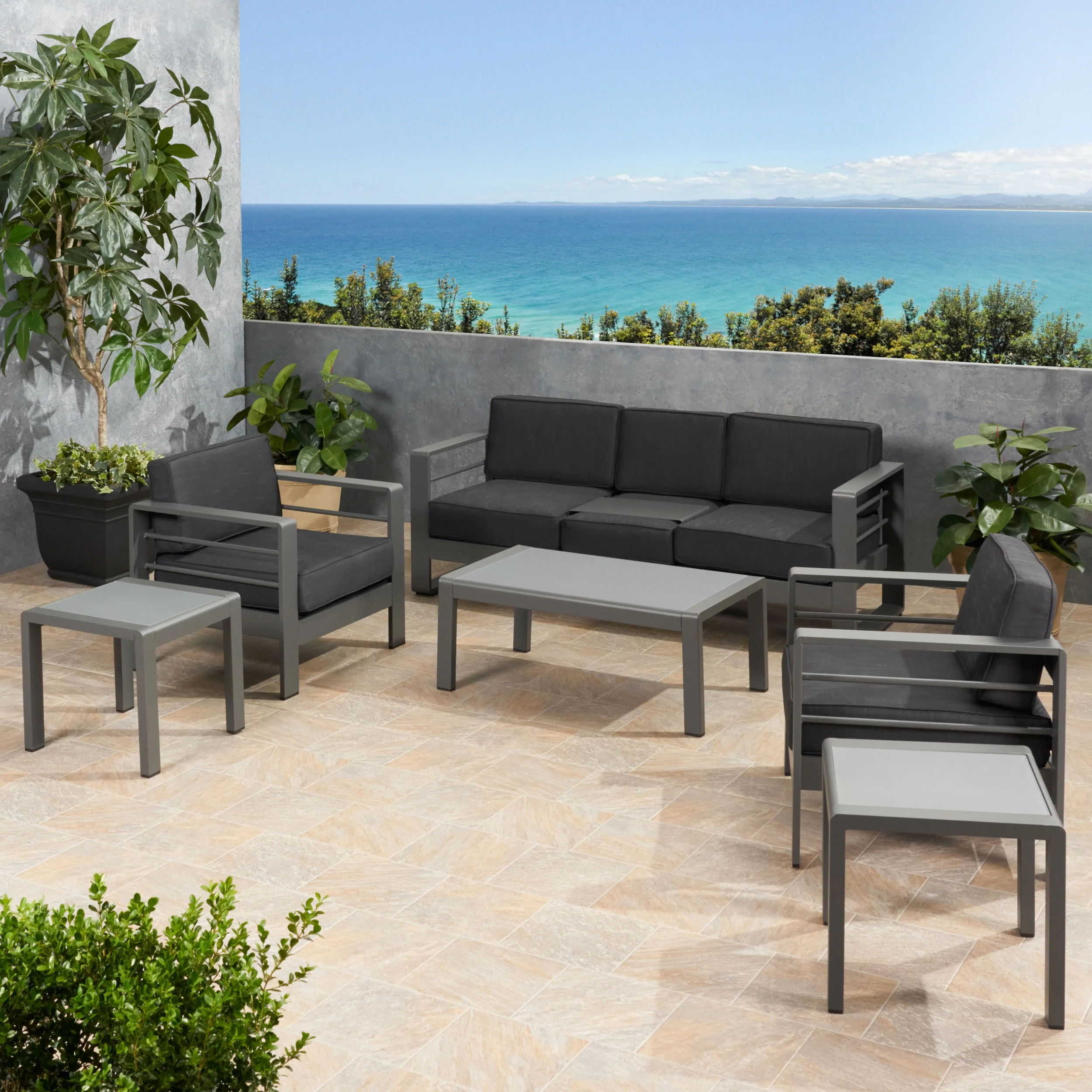 Cherie Outdoor 5 Seater Aluminum Sofa Chat Set with 2 Side Tables - furnishings