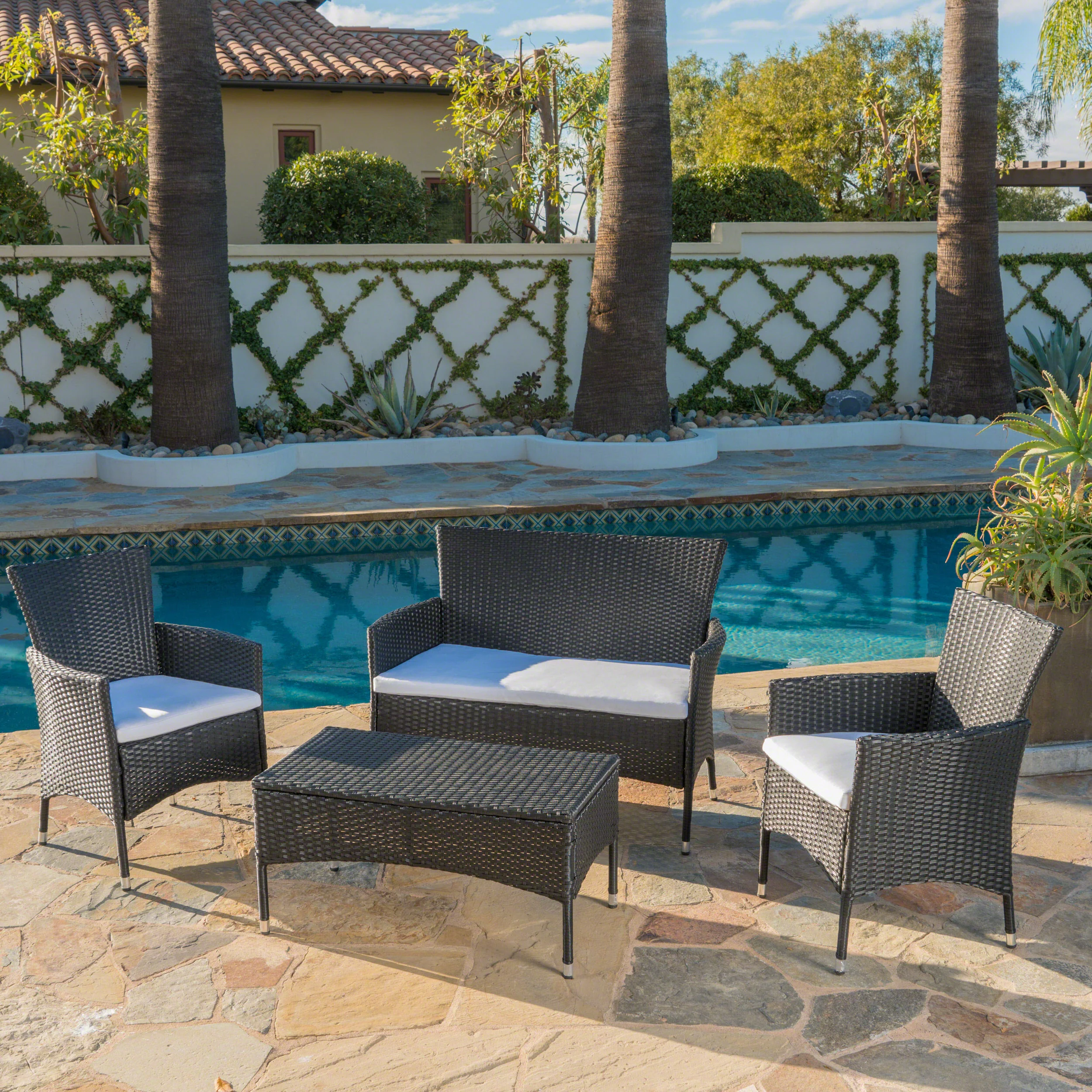 Mina Outdoor 4 Piece Wicker Chat Set with Water Resistant Cushions - furnishings