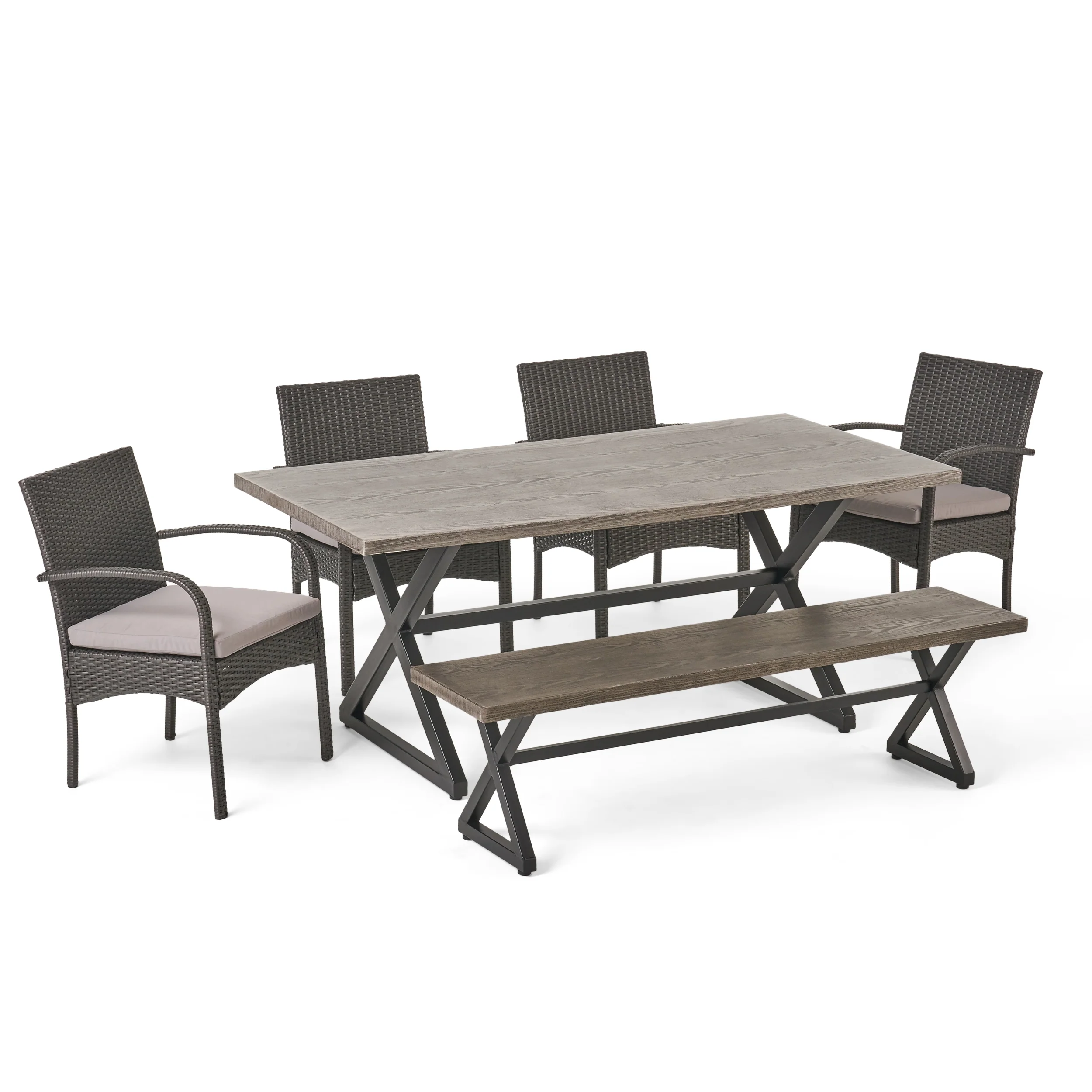 Sicily Outdoor 6 Piece Gray Aluminum Dining Set with Bench and Gray Wicker Dining Chairs - furnishings