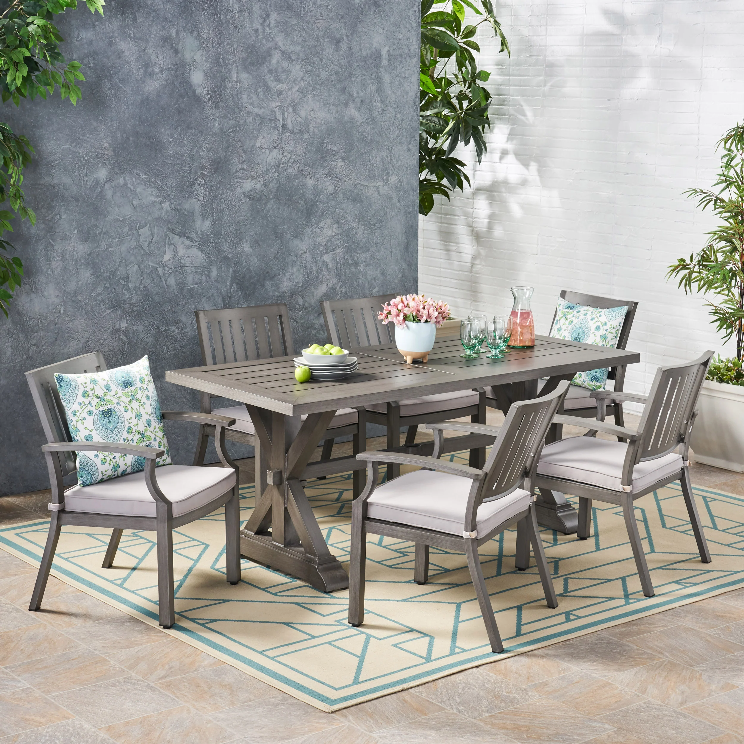 Zoey Outdoor Modern 6 Seater Aluminum Dining Set with Cushions - furnishings