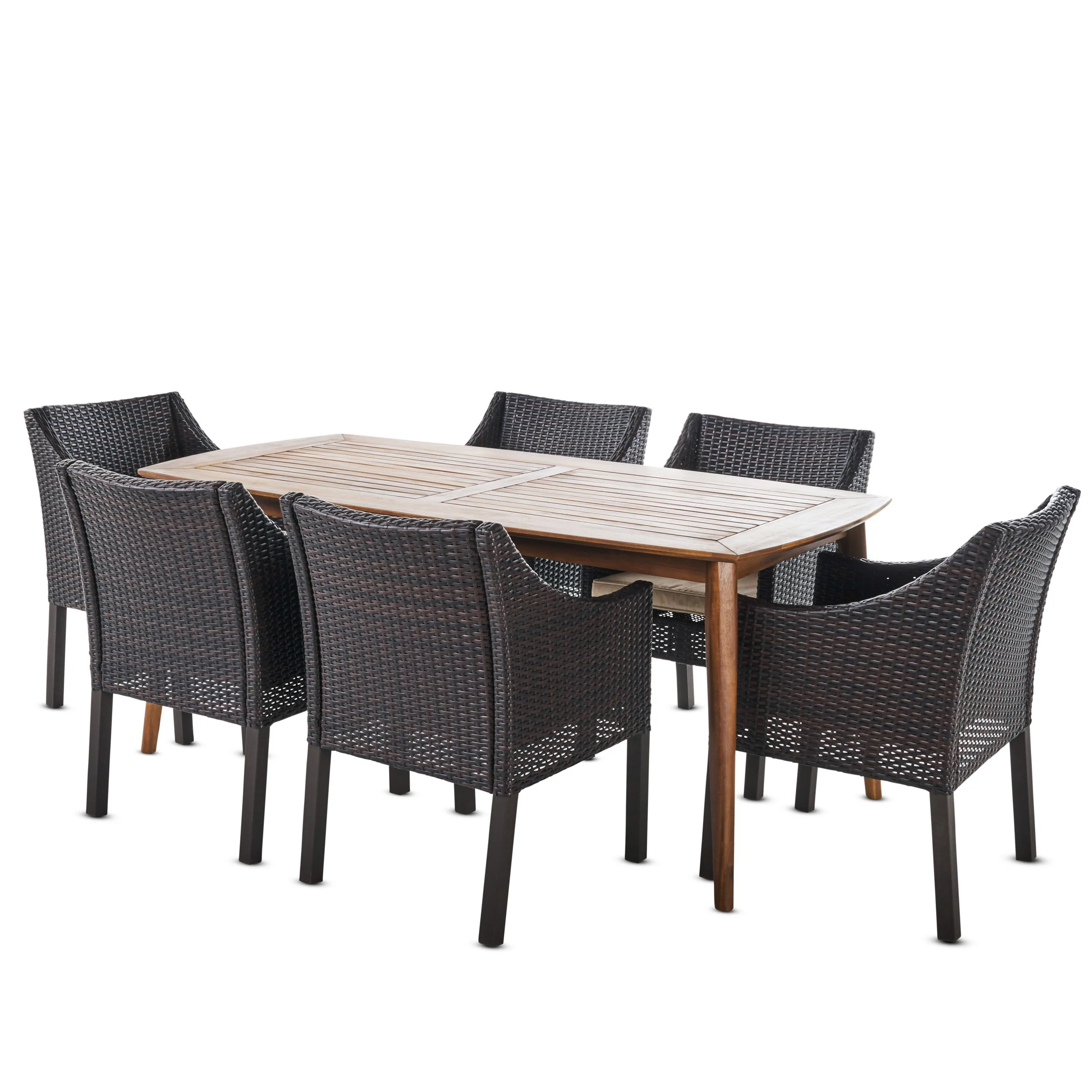 Kerk Outdoor 7 Piece Wicker Dining Set with Teak Finished Acacia Wood Table - furnishings