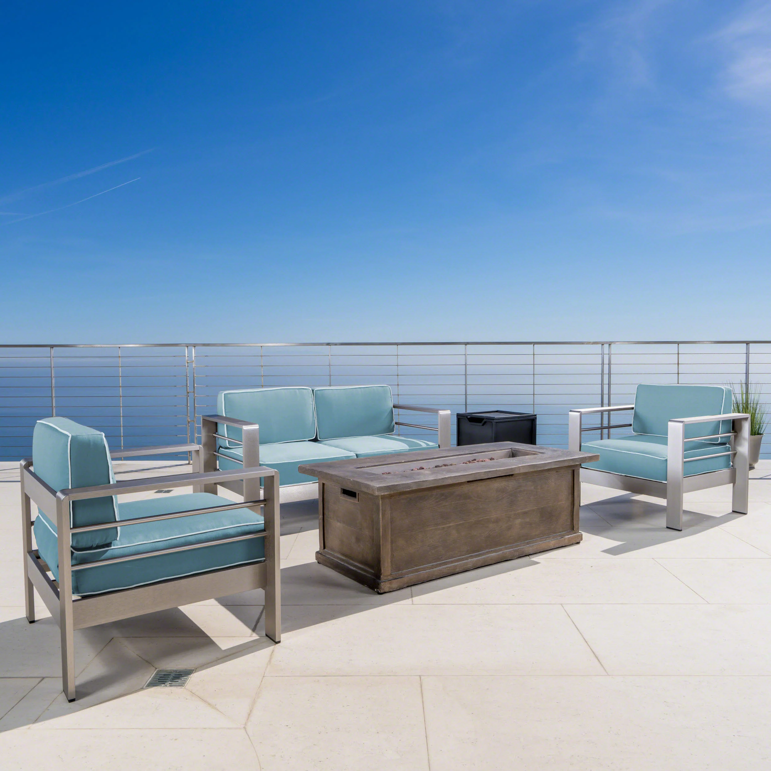 Crested Bay 5 Piece Aluminum Chat Set with Water Resistant Cushions and Fire Pit - furnishings