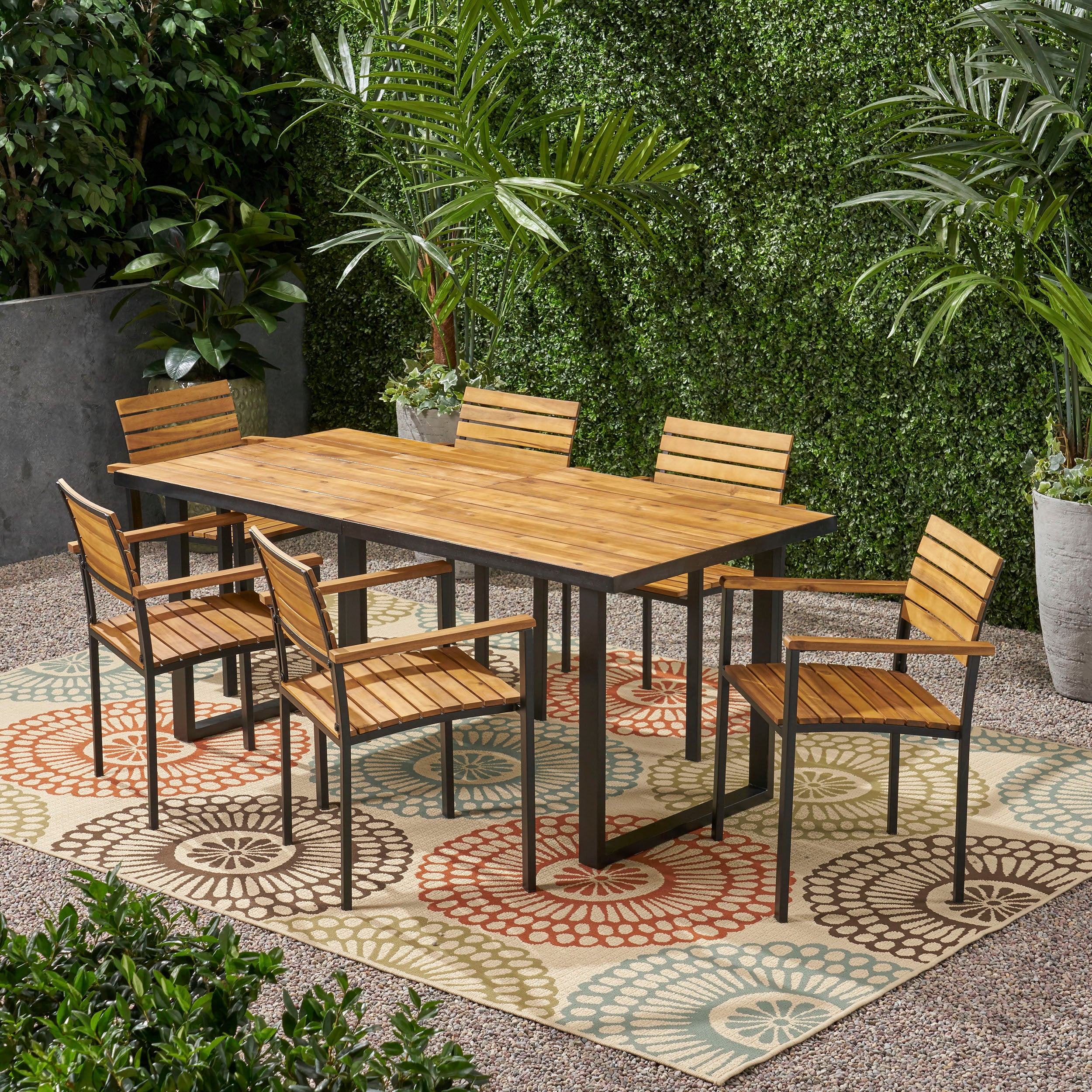 Yetta Outdoor 6 Seater Wood and Iron Dining Set - furnishings