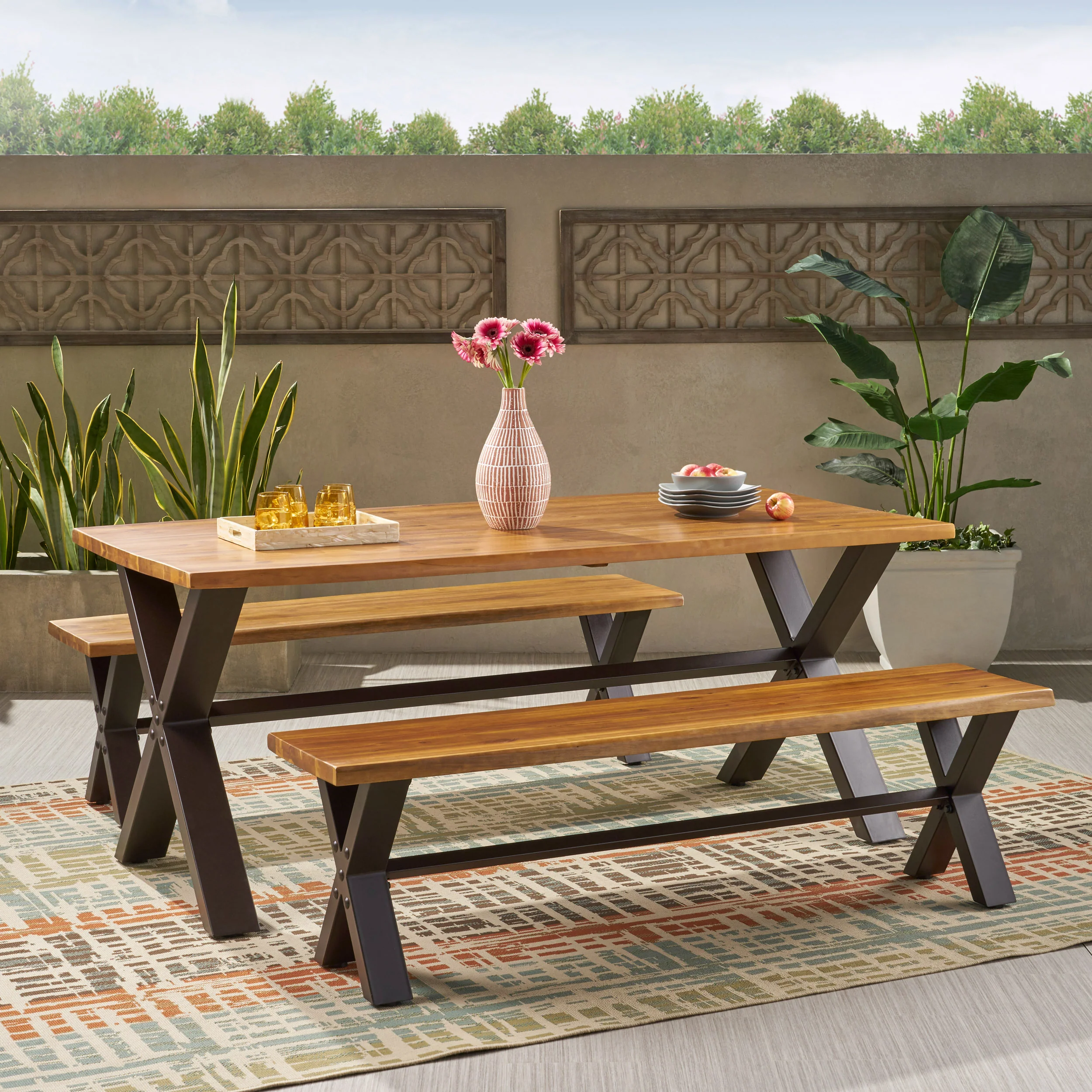 Irving Outdoor 3-piece Acacia Wood Dining Set - furnishings