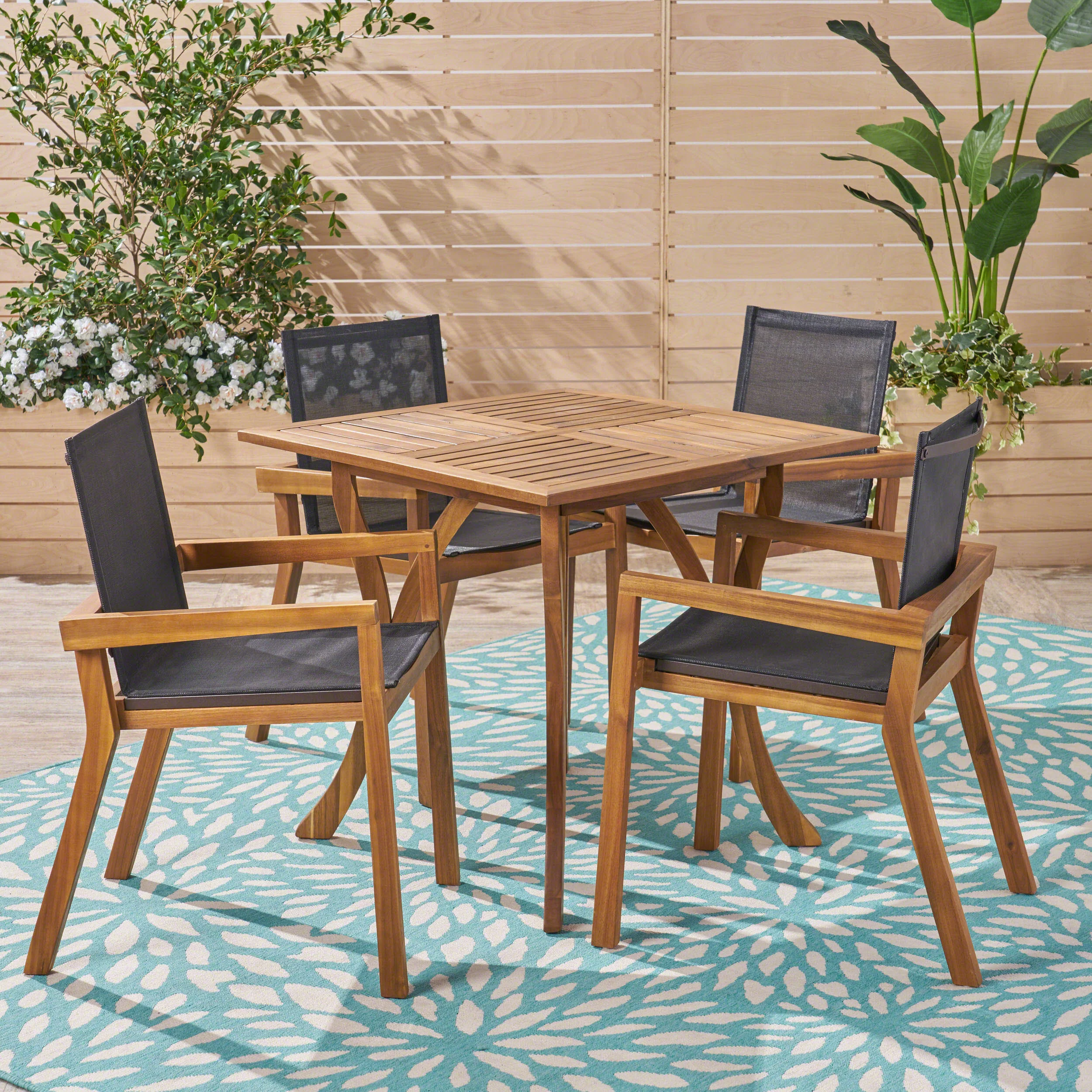 Ruiz Outdoor Acacia Wood 4 Seater Square Dining Set with Mesh Seats - furnishings