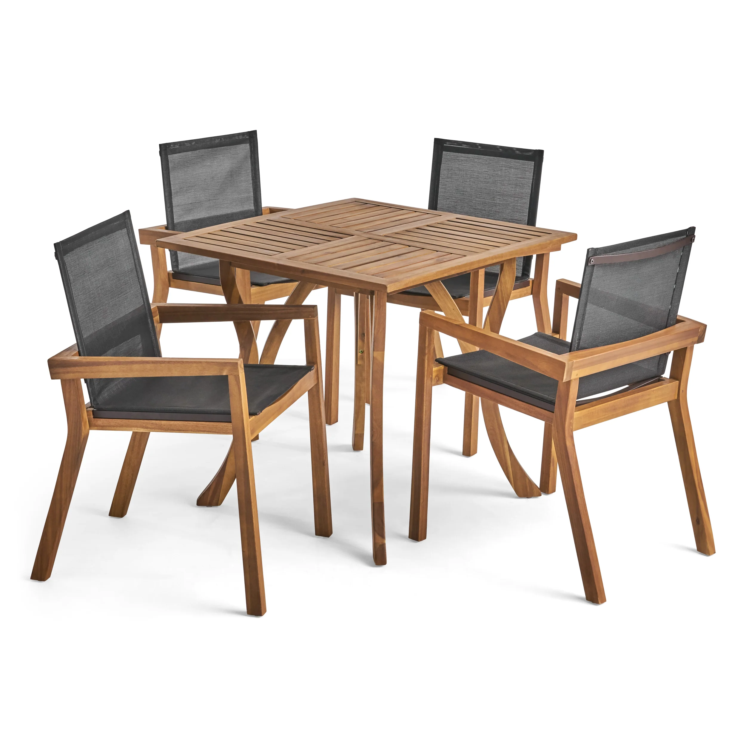 Ruiz Outdoor Acacia Wood 4 Seater Square Dining Set with Mesh Seats - furnishings