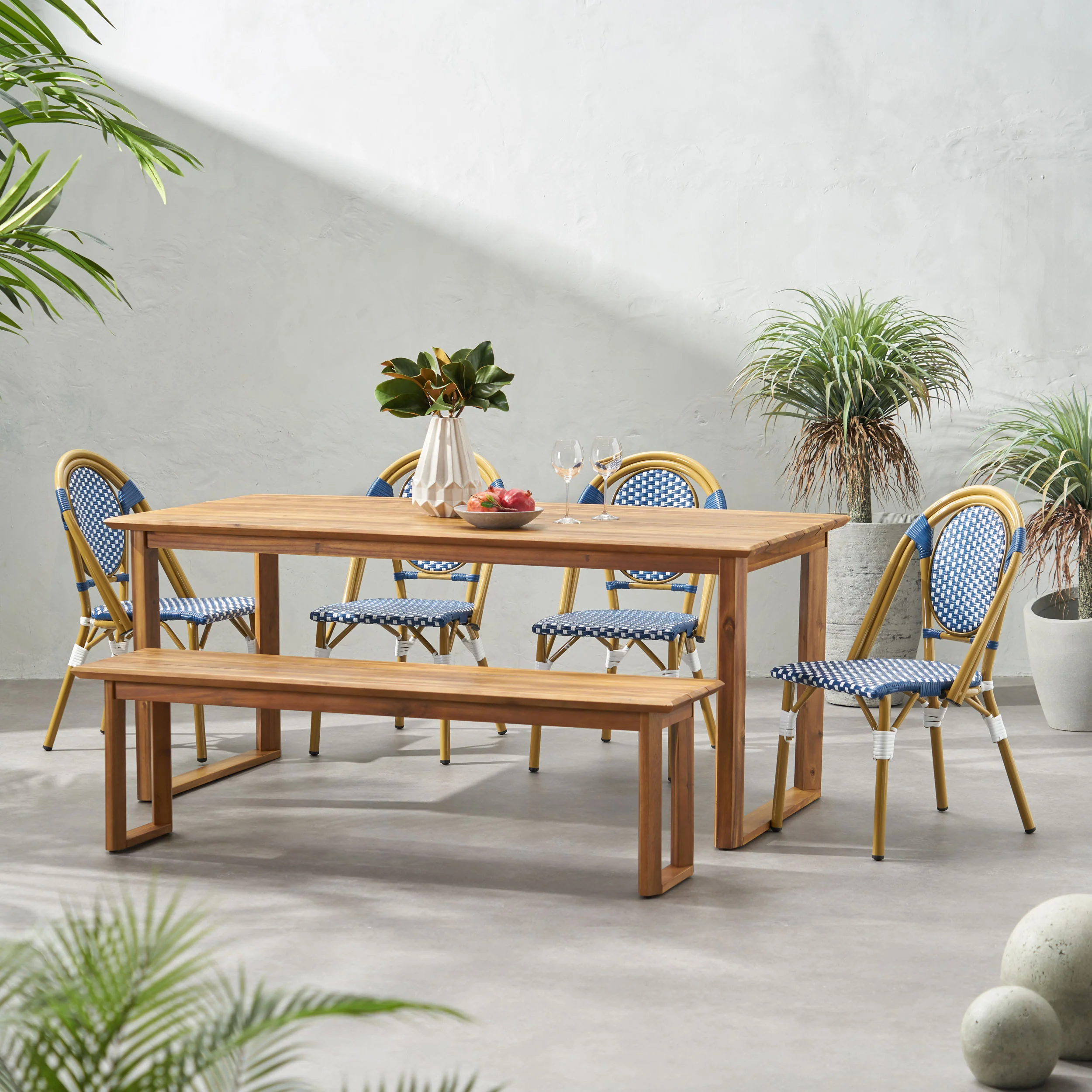 Varva Outdoor Acacia Wood and Wicker 6 Piece Dining Set with Bench - furnishings