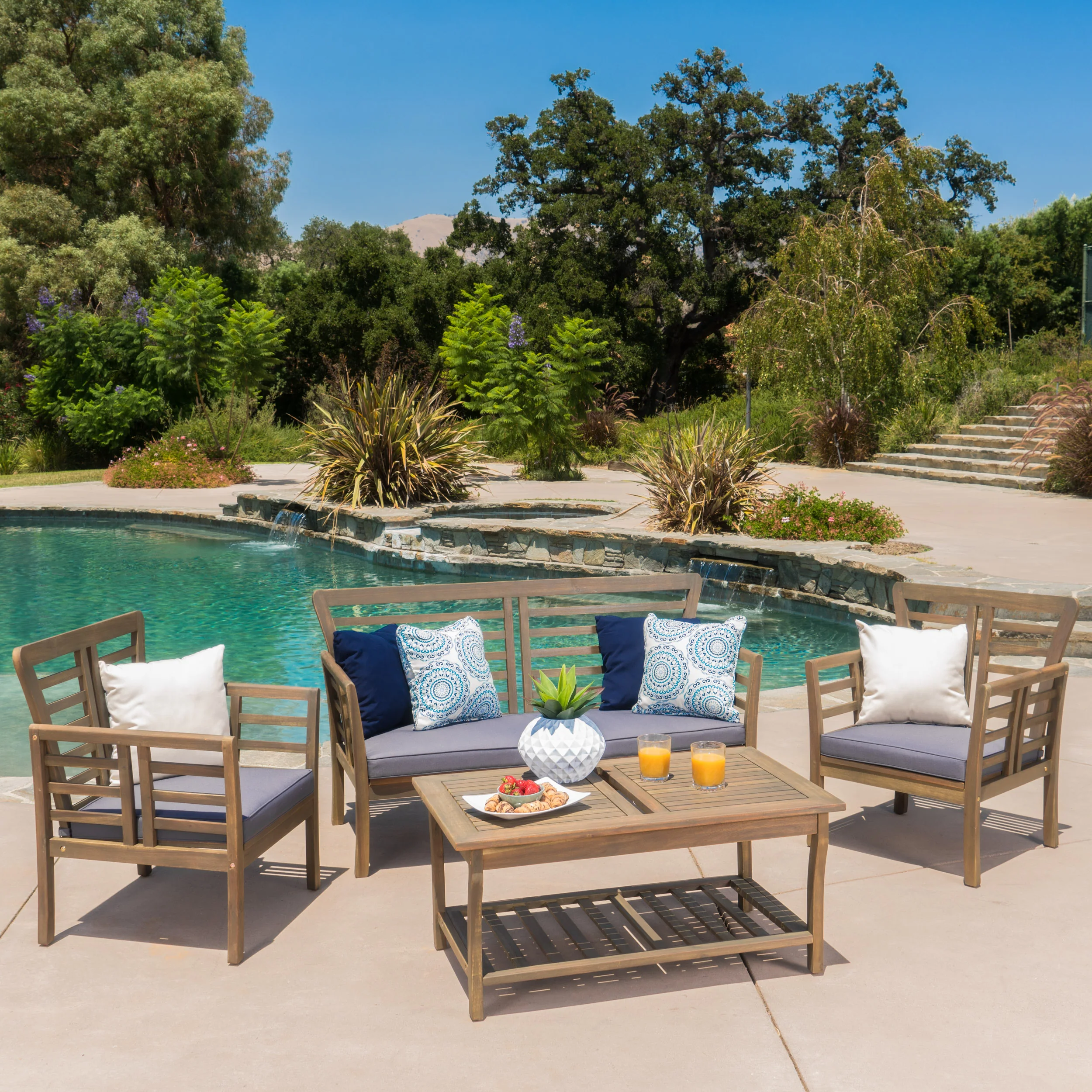 Louis Outdoor 4-piece Solid Wood Chat Set with Cushions - furnishings