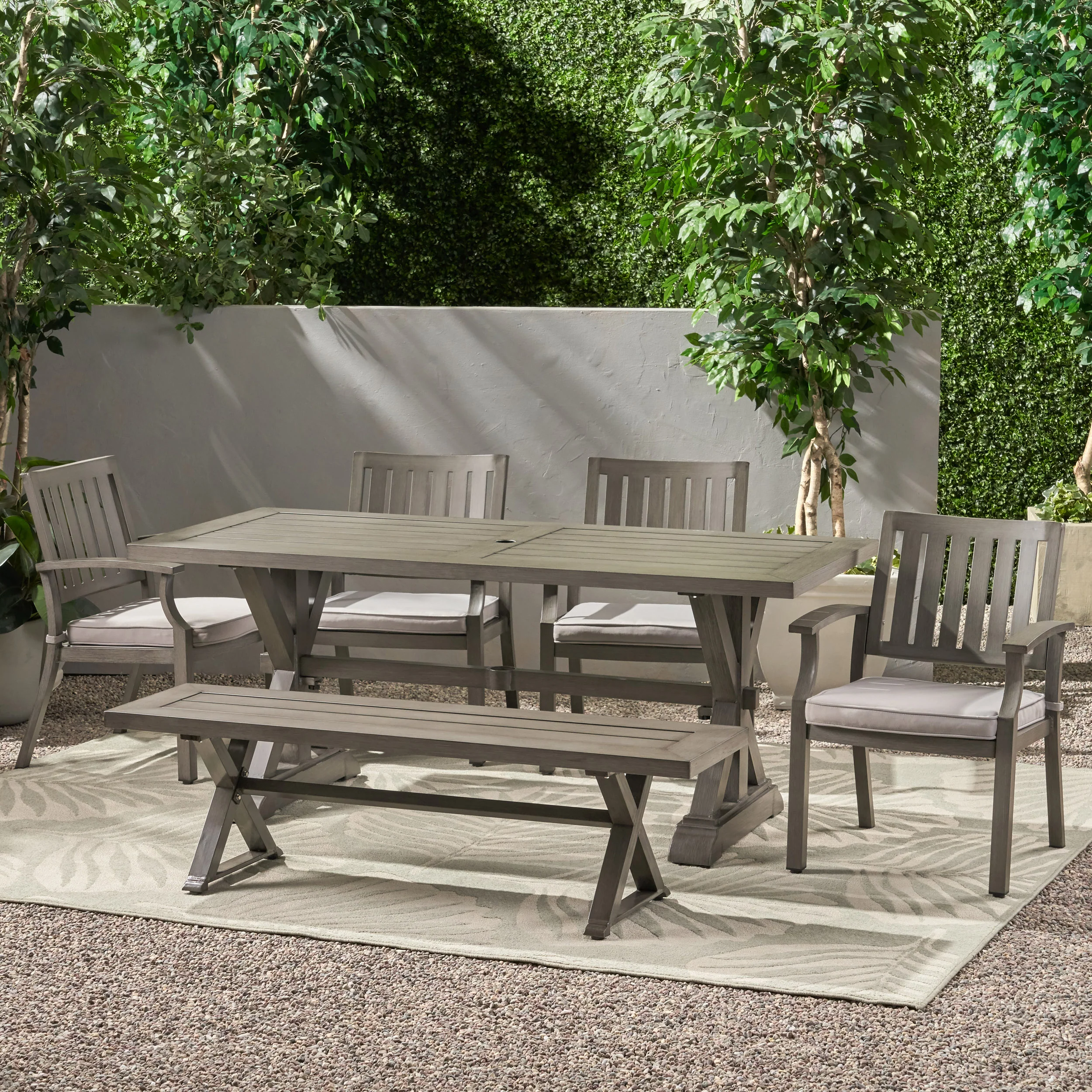 Zoey Outdoor Modern 6 Seater Aluminum Dining Set with Dining Bench - furnishings