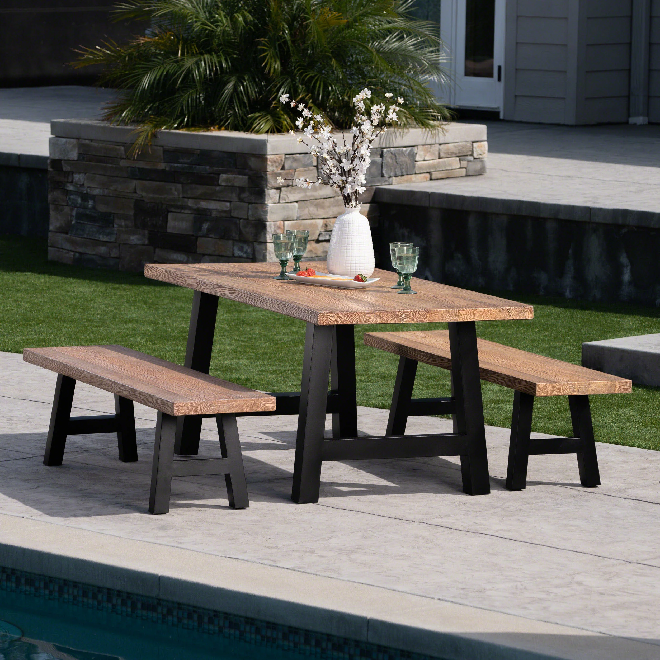 Keira Outdoor 3 Piece Light Weight Concrete Picnic Set - furnishings