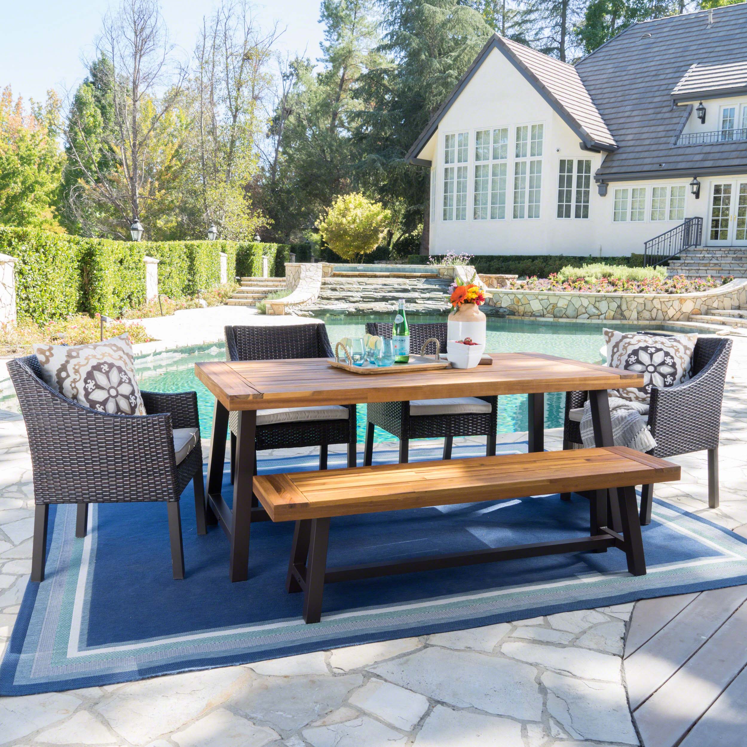 Okanna Outdoor 6 Piece Multi-brown Wicker and Acacia Sandblast Wood Dining Set - furnishings