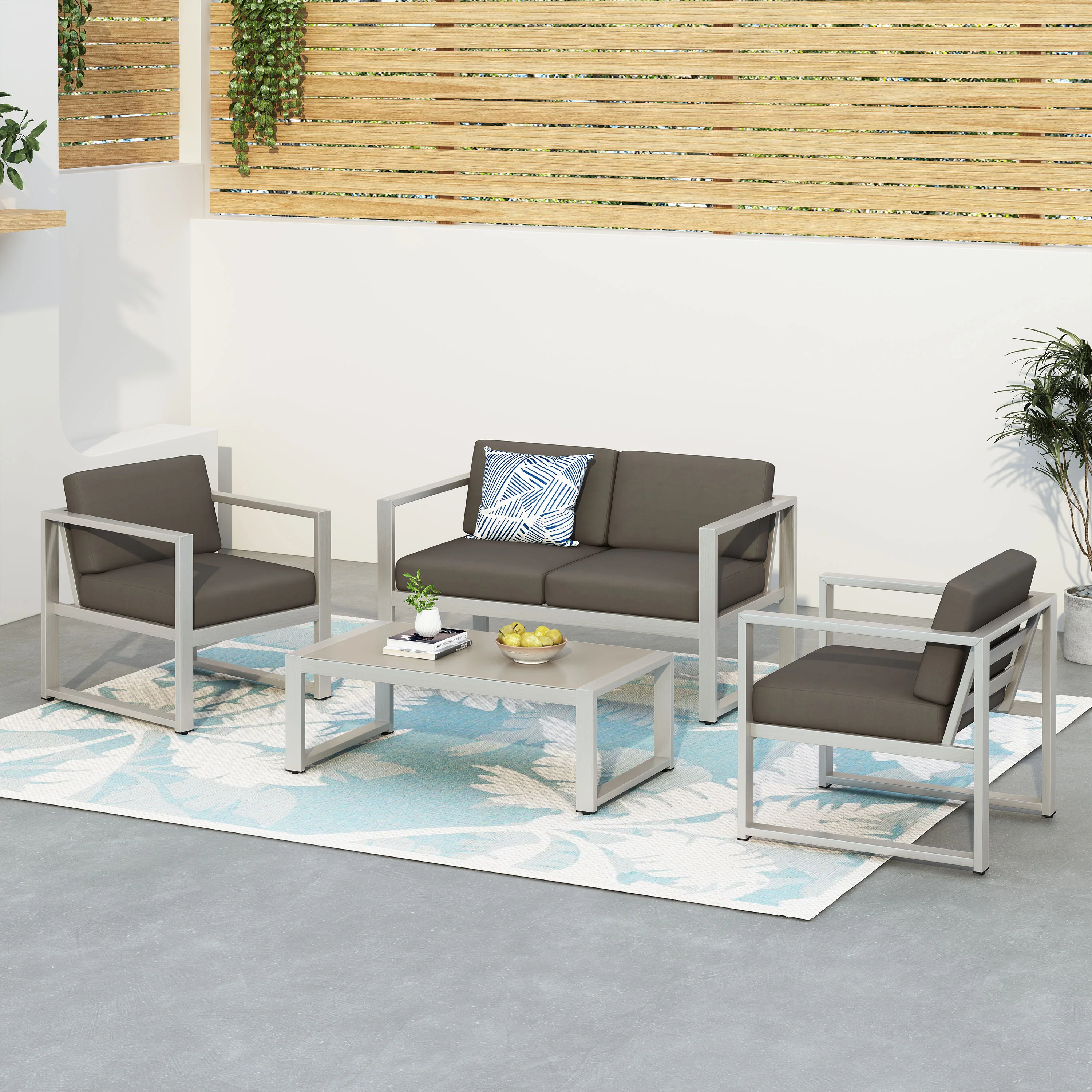 Noah Outdoor 4 Piece Silver Rust-Proof Aluminum Chat Set with Gray Water Resistant Cushions - furnishings