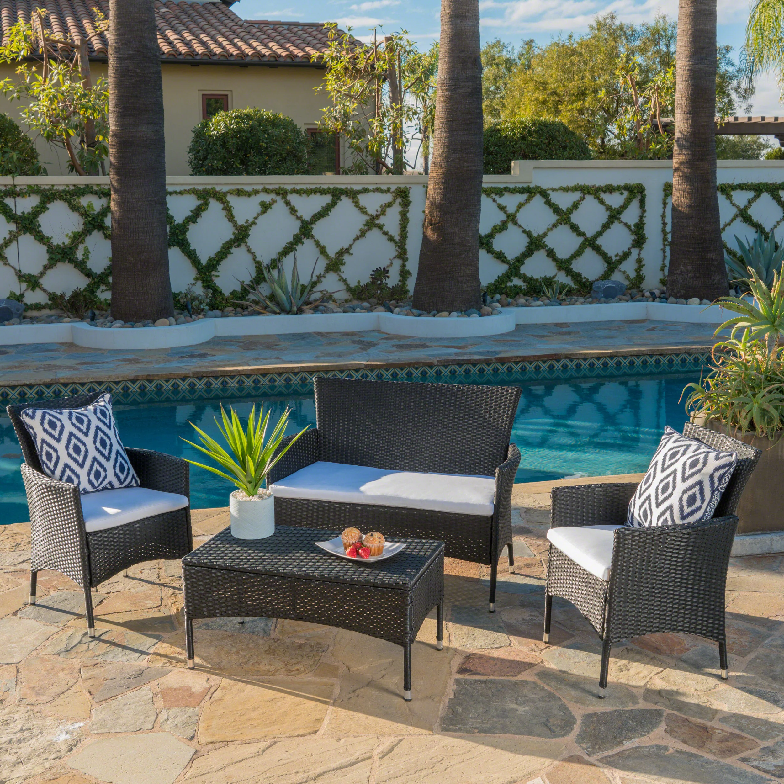 Mina Outdoor 4 Piece Wicker Chat Set with Water Resistant Cushions - furnishings
