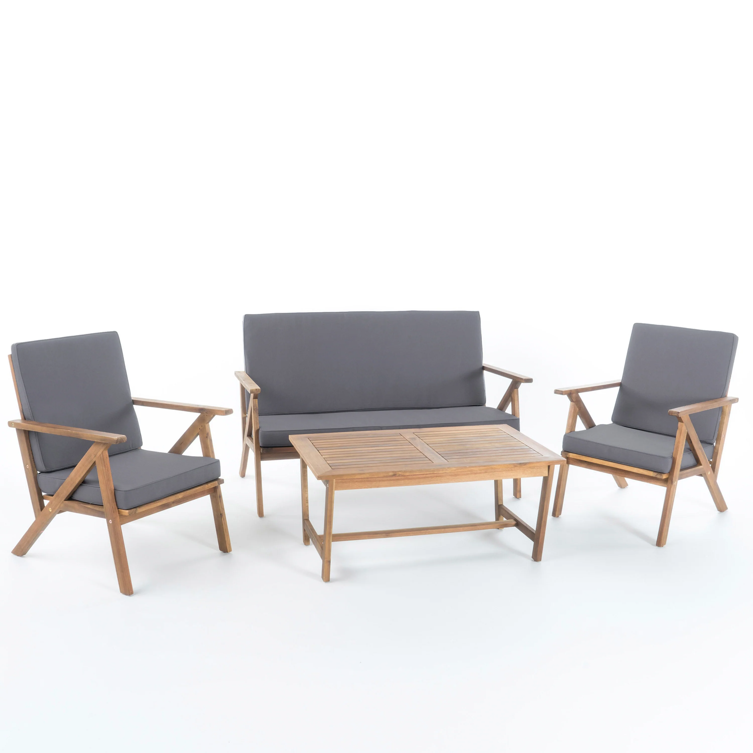 Manarola 4 Pc Outdoor Natural Wood Finish Chat Set w/ Water Resistant Cushion - furnishings