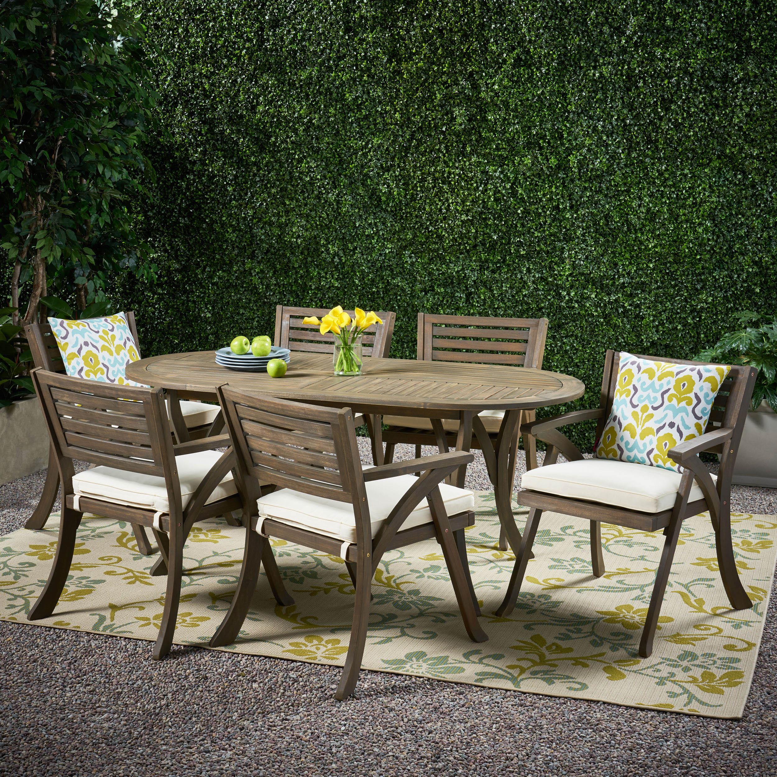 Hestia Outdoor 6 Seater Acacia Wood Oval Dining Set with Cushions - furnishings