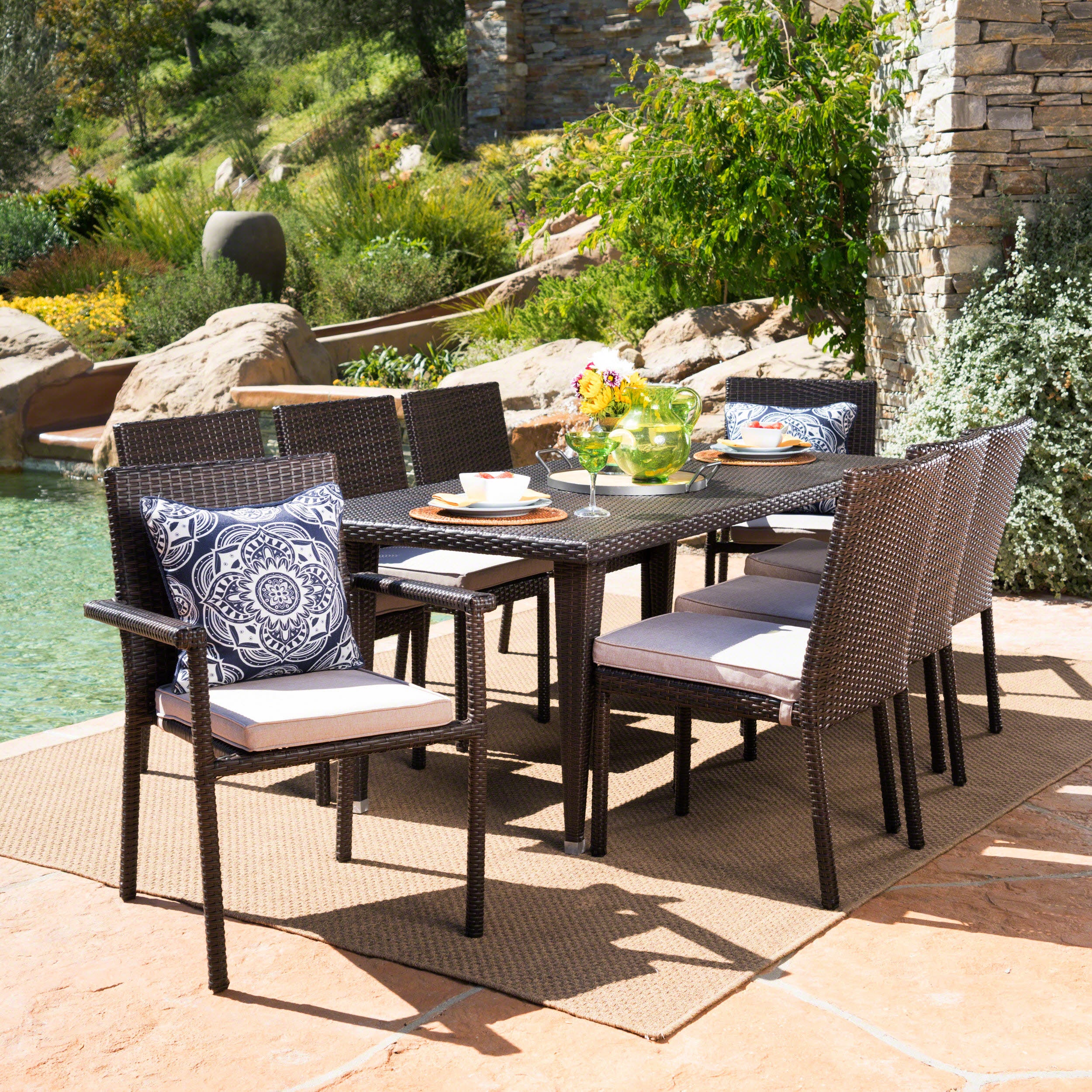 Grand Outdoor 9 Piece Wicker Dining Set with Water Resistant Cushions - furnishings