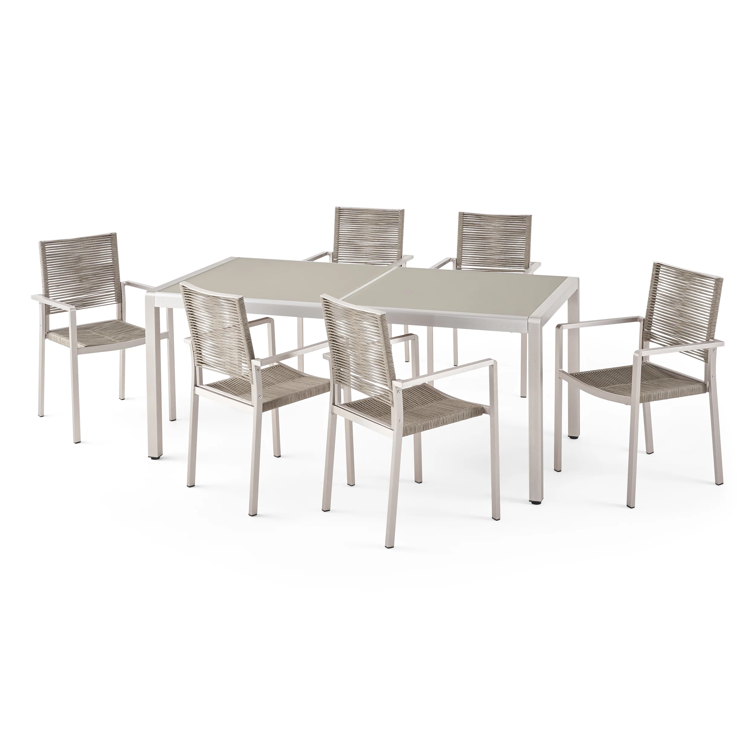 Aaleigha Outdoor Modern 6 Seater Aluminum Dining Set with Tempered Glass Table Top - furnishings