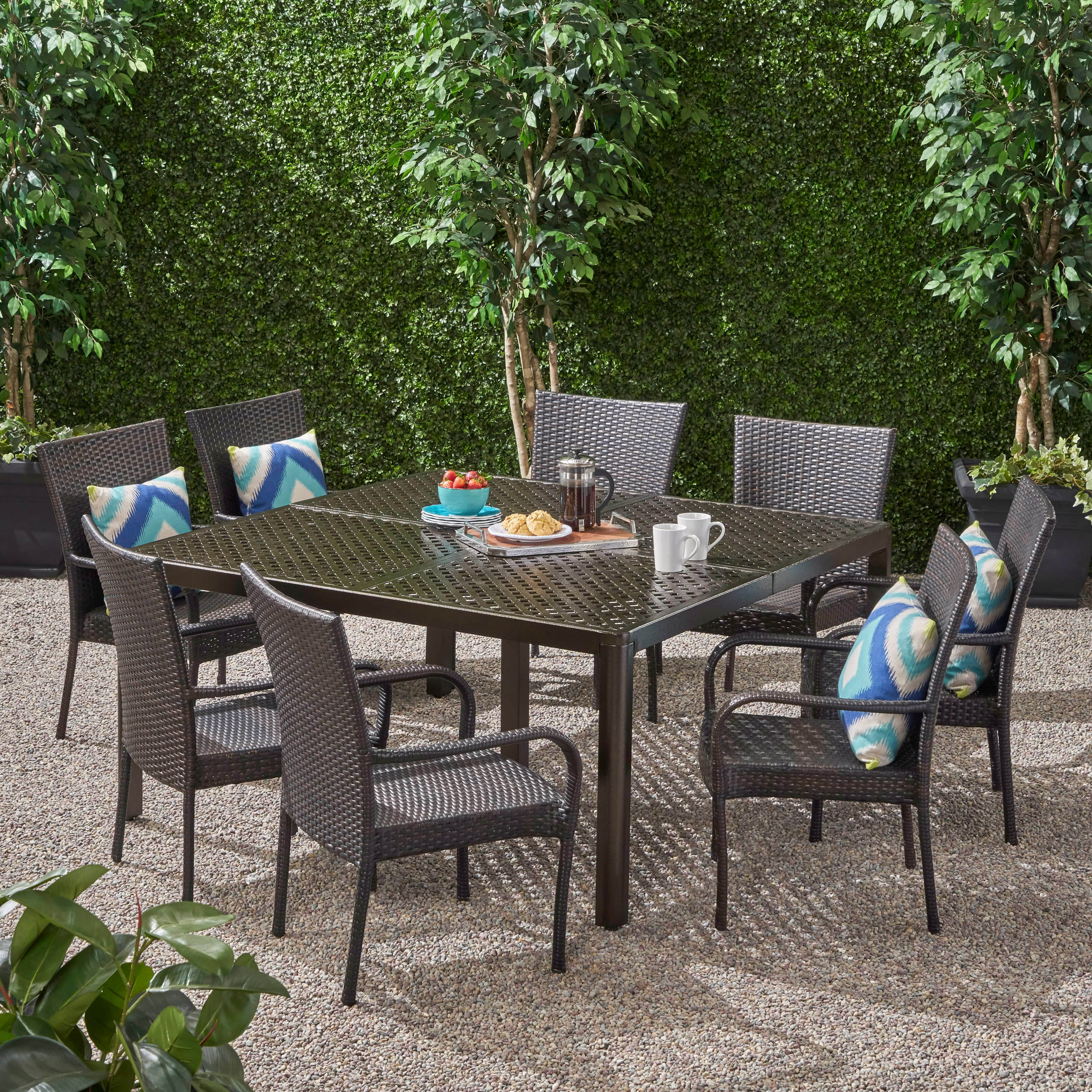 Lillian Outdoor Aluminum and Wicker 8 Seater Dining Set with Stacking Chairs - furnishings