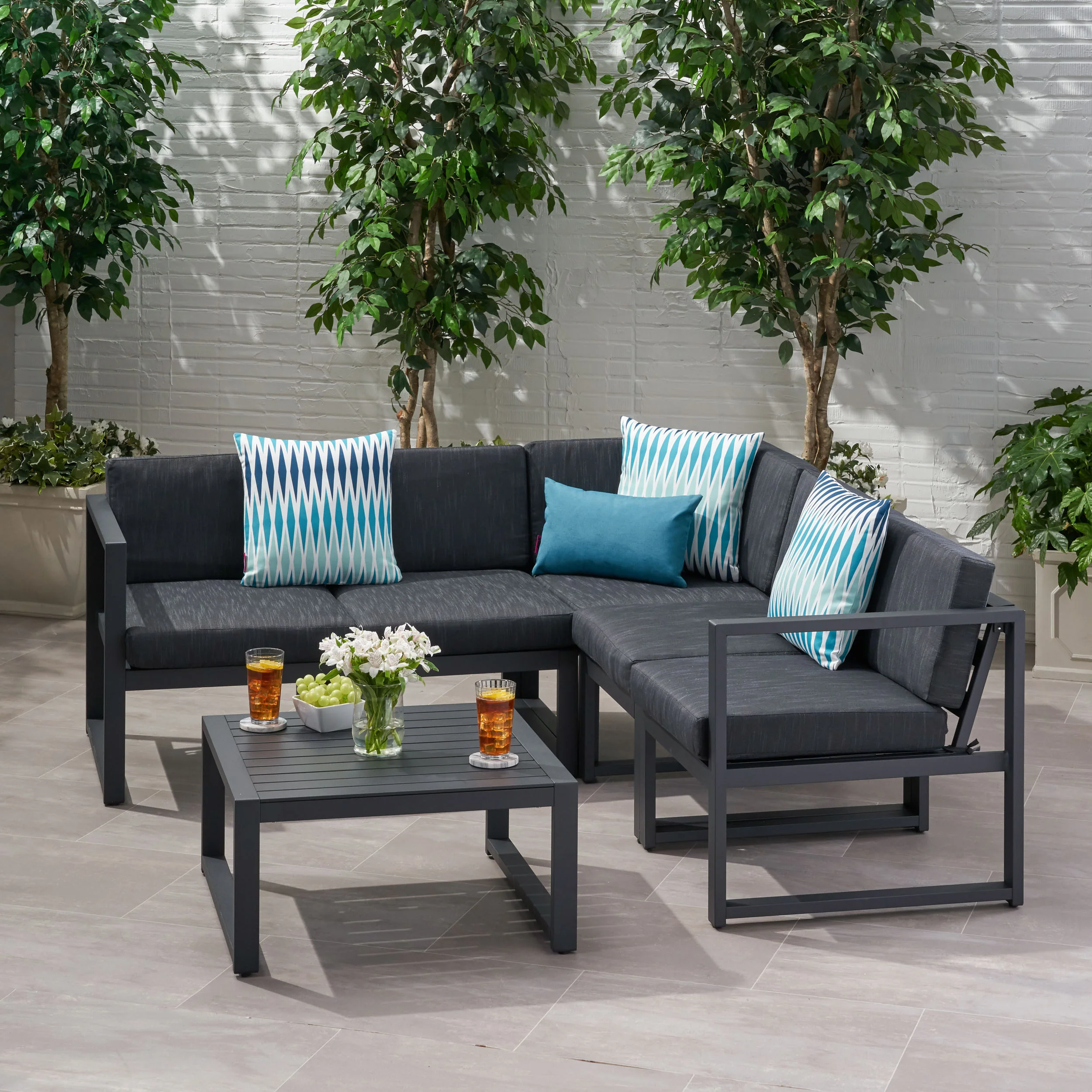 Nealie Outdoor Water Resistant Cushions 6 PC Sofa Set w/ Stone Finished Tempered Glass Coffee Table - furnishings