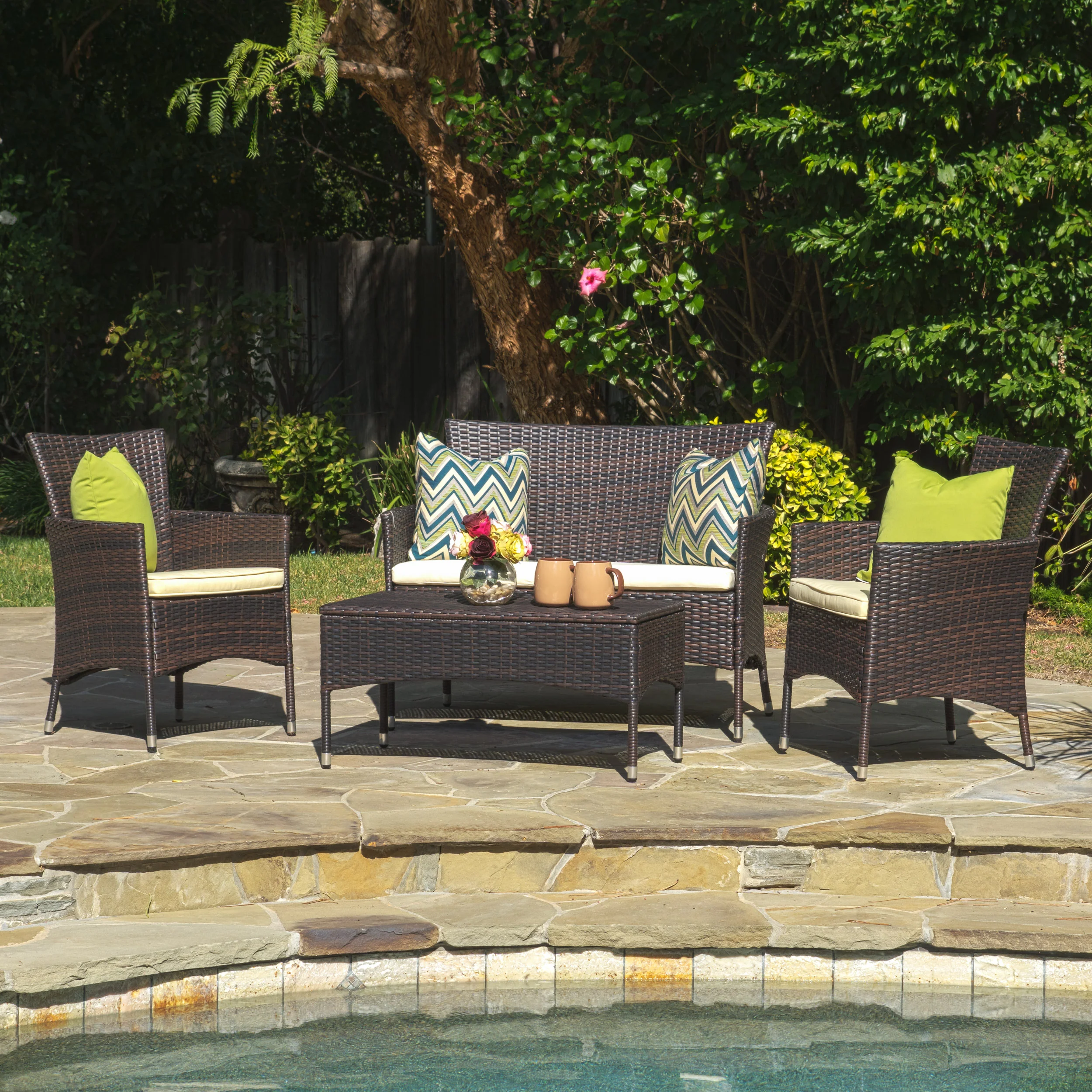 Mina Outdoor 4 Piece Wicker Chat Set with Water Resistant Cushions - furnishings