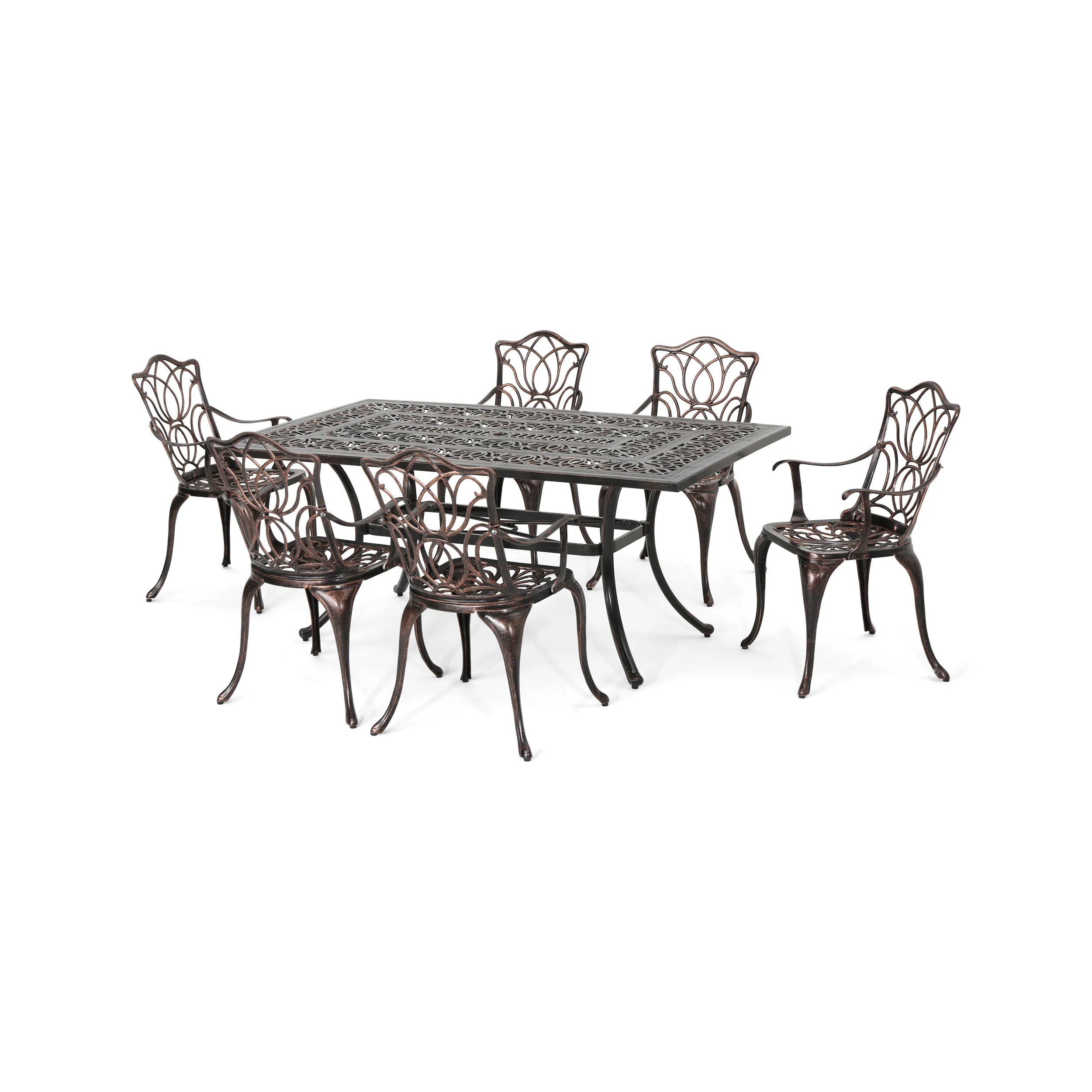 Barbara Outdoor 6-Seater Cast Aluminum Rectangular-Table Dining Set, Shiny Copper - furnishings