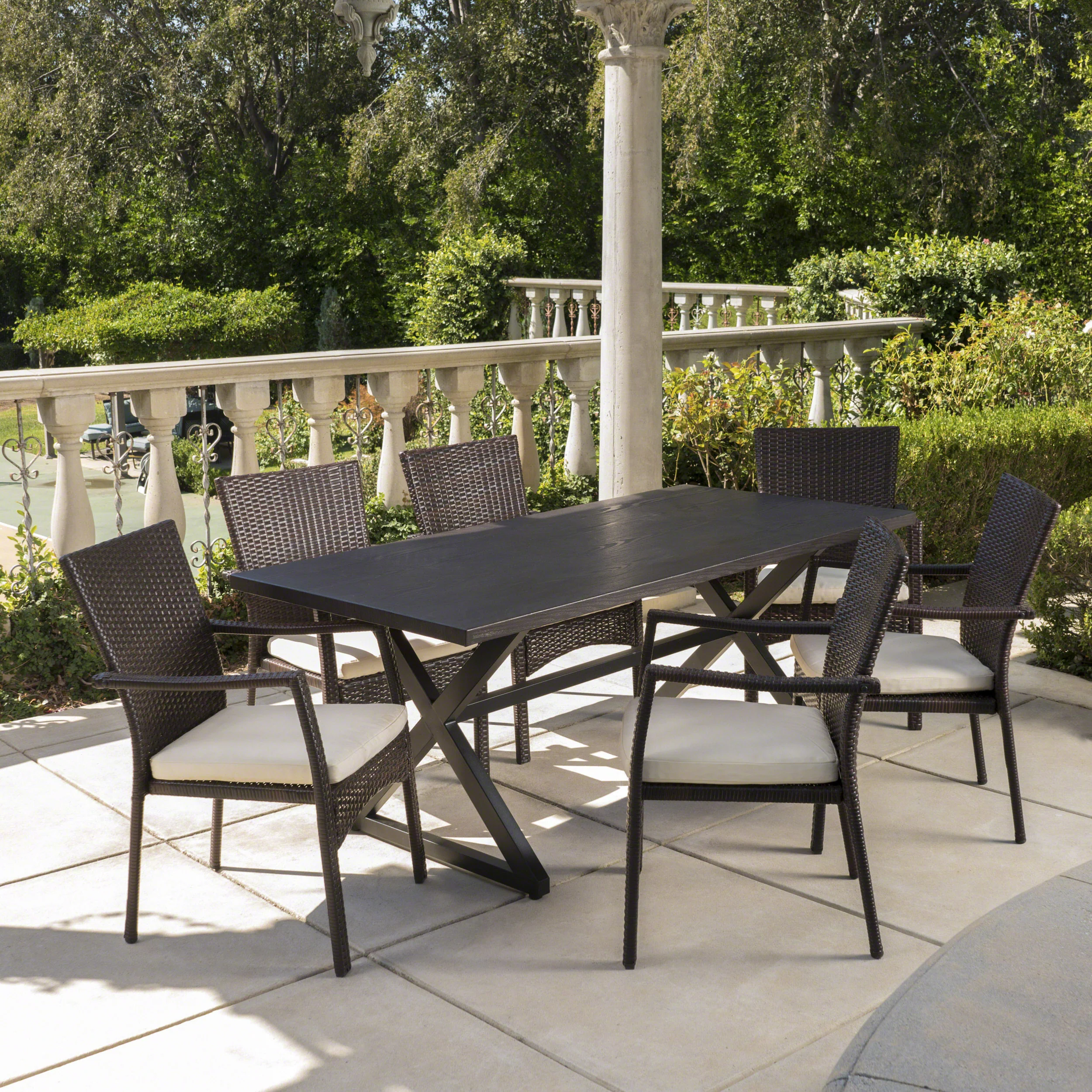 Adelade Outdoor 7 Piece Aluminum Dining Set with Wicker Dining Chairs - furnishings