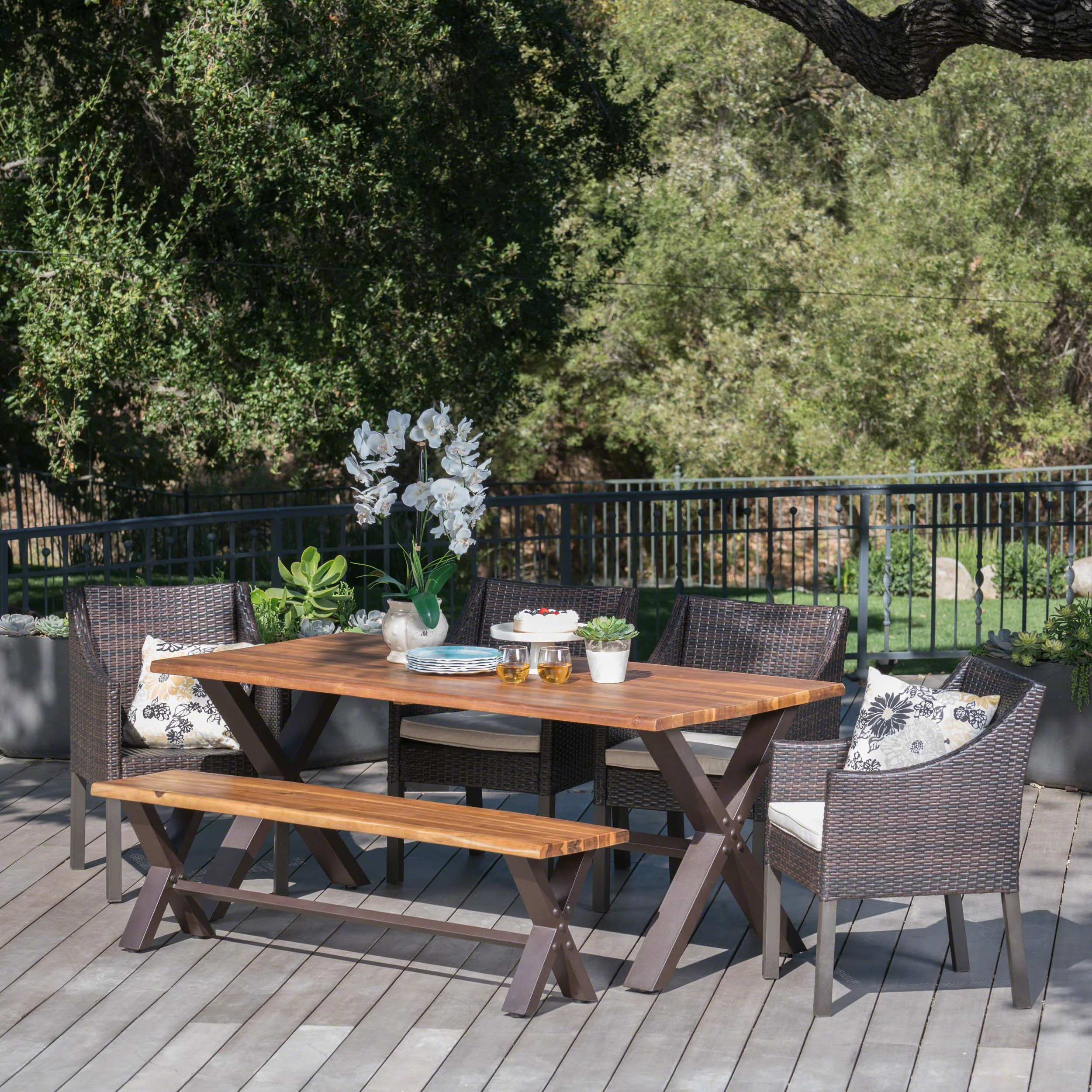 Helen Outdoor 6 Piece Teak Finished Acacia Wood Dining Set - furnishings