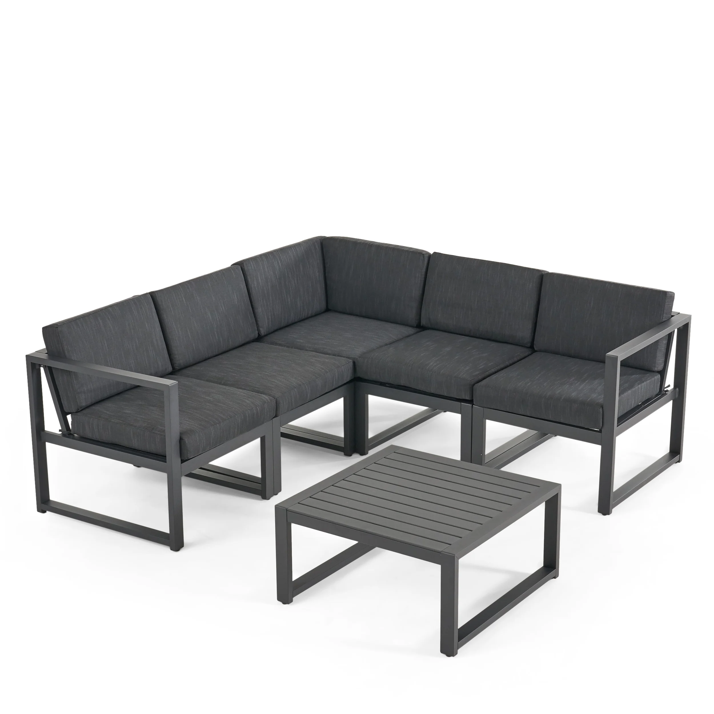 Nealie Outdoor Water Resistant Cushions 6 PC Sofa Set w/ Stone Finished Tempered Glass Coffee Table - furnishings