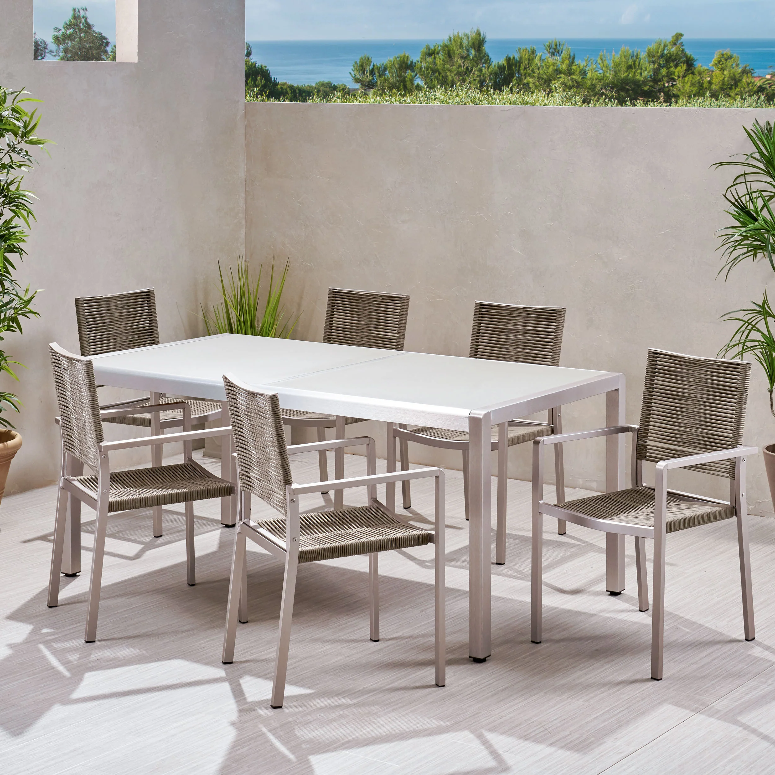 Aaleigha Outdoor Modern 6 Seater Aluminum Dining Set with Tempered Glass Table Top - furnishings