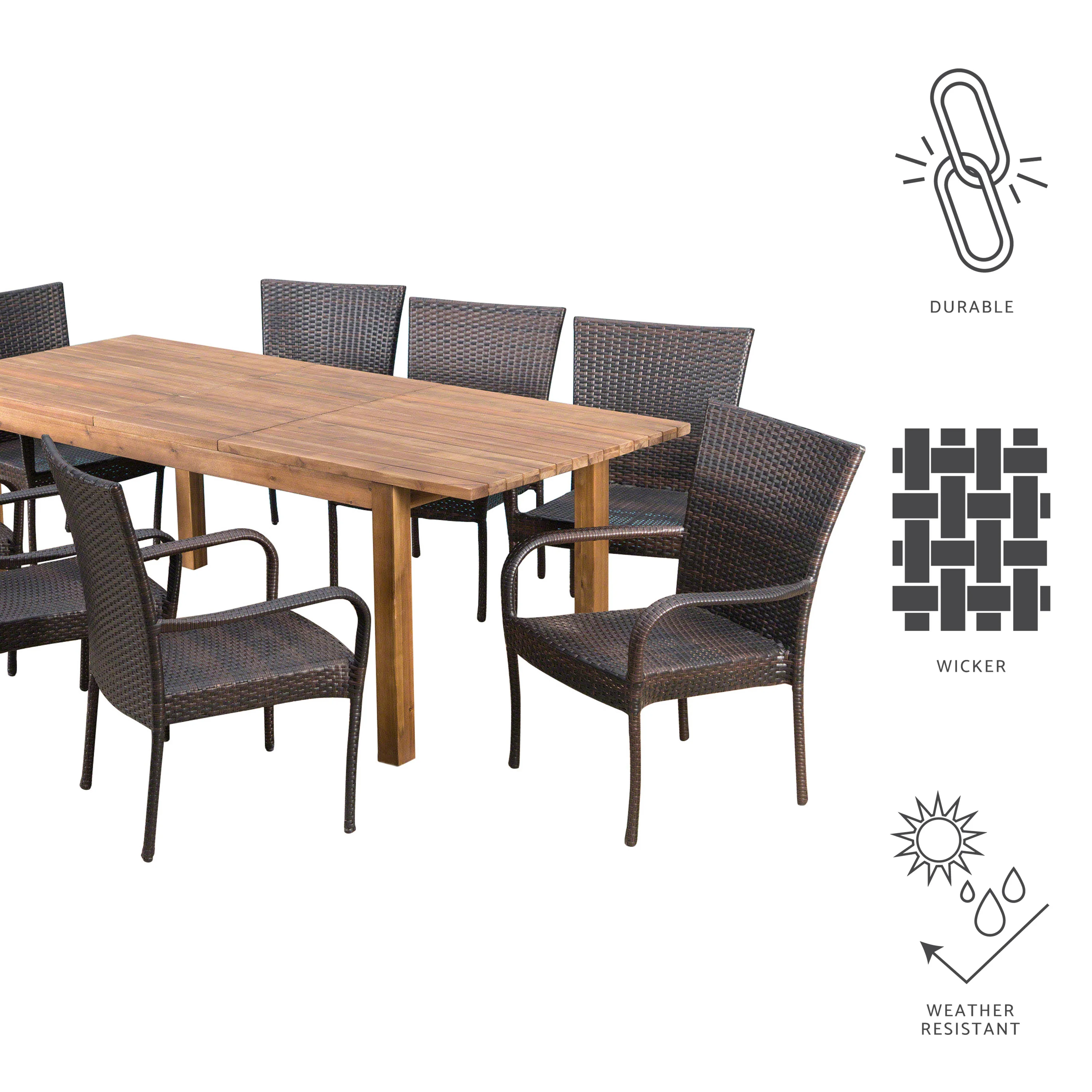 Delilah Outdoor 9 Piece Wicker Dining Set with Wood Expandable Dining Table - furnishings