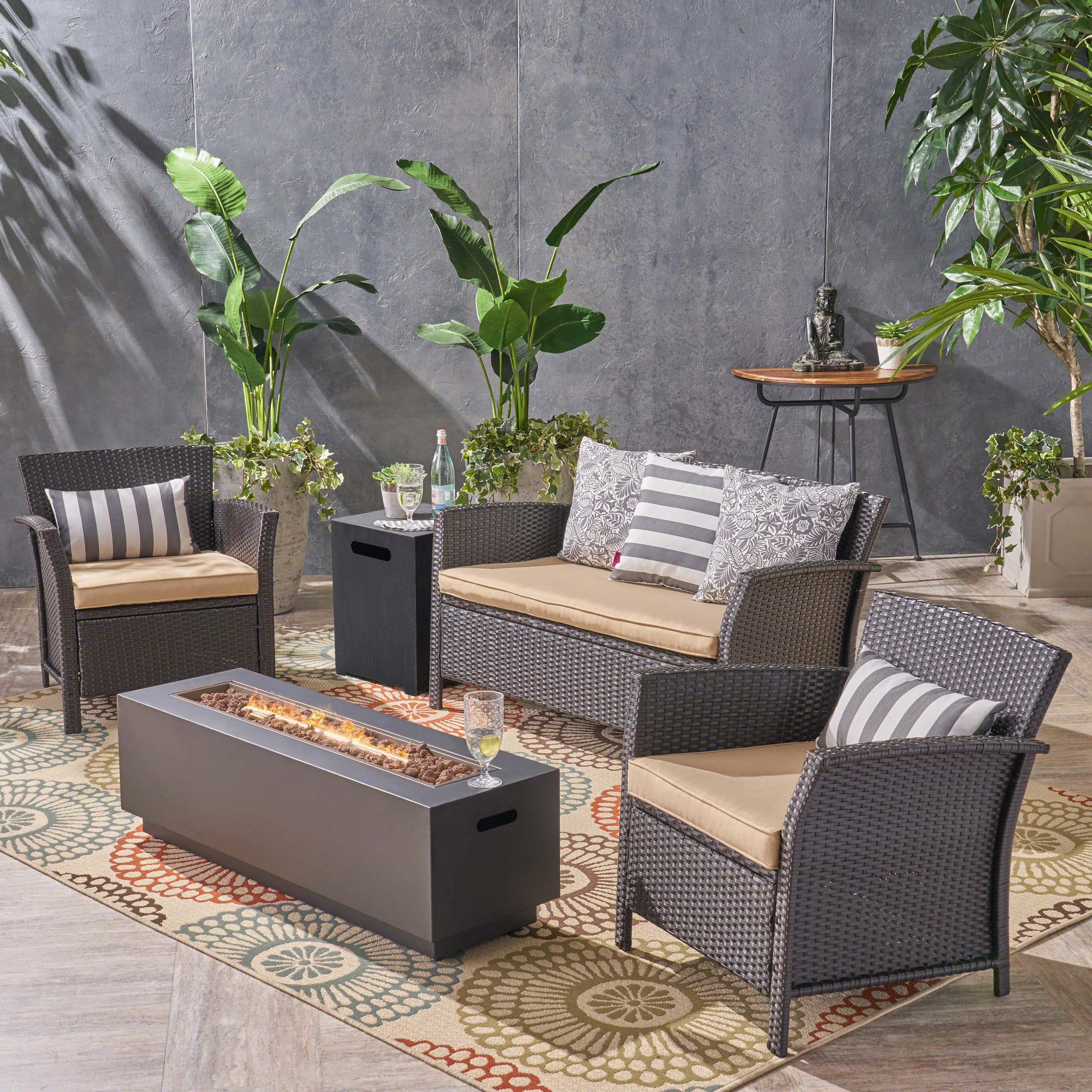 Mason Outdoor 4 Seater Wicker Chat Set with Fire Pit - furnishings