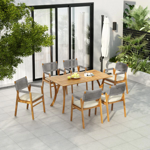 Sagaree Modern Patio Dining Set - Table with 6 Chairs, Wood Finish - furnishings