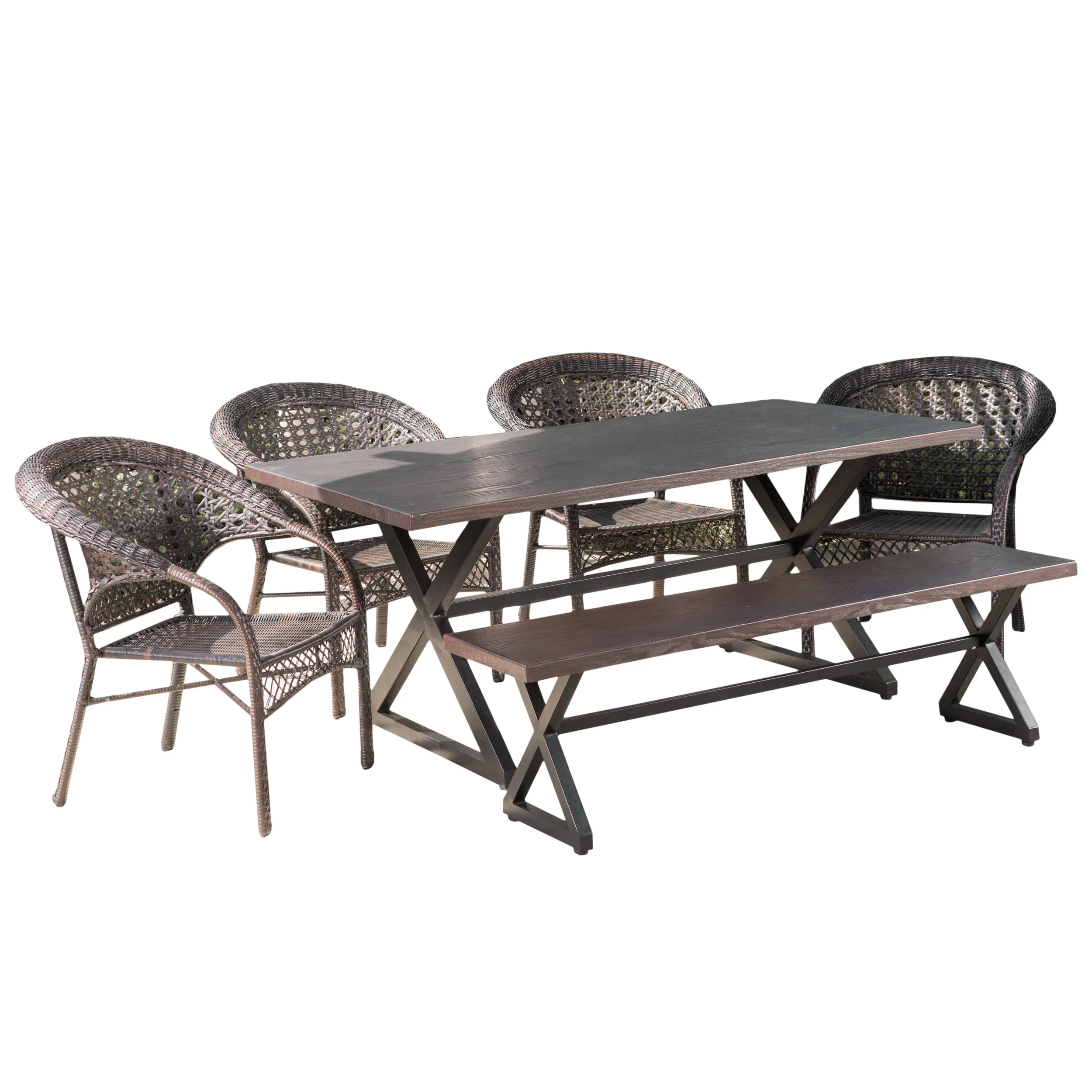 Keness Outdoor 6 Piece Aluminum Dining Set with Bench and Wicker Stacking Chairs - furnishings