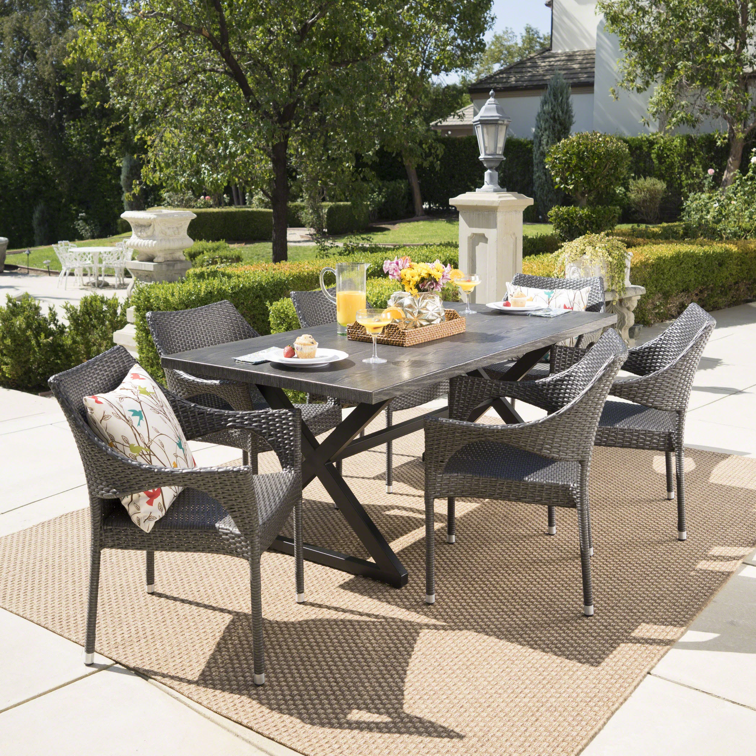 Graywood Outdoor 7 Piece Wicker Dining Set with Rectangular Aluminum Table - furnishings