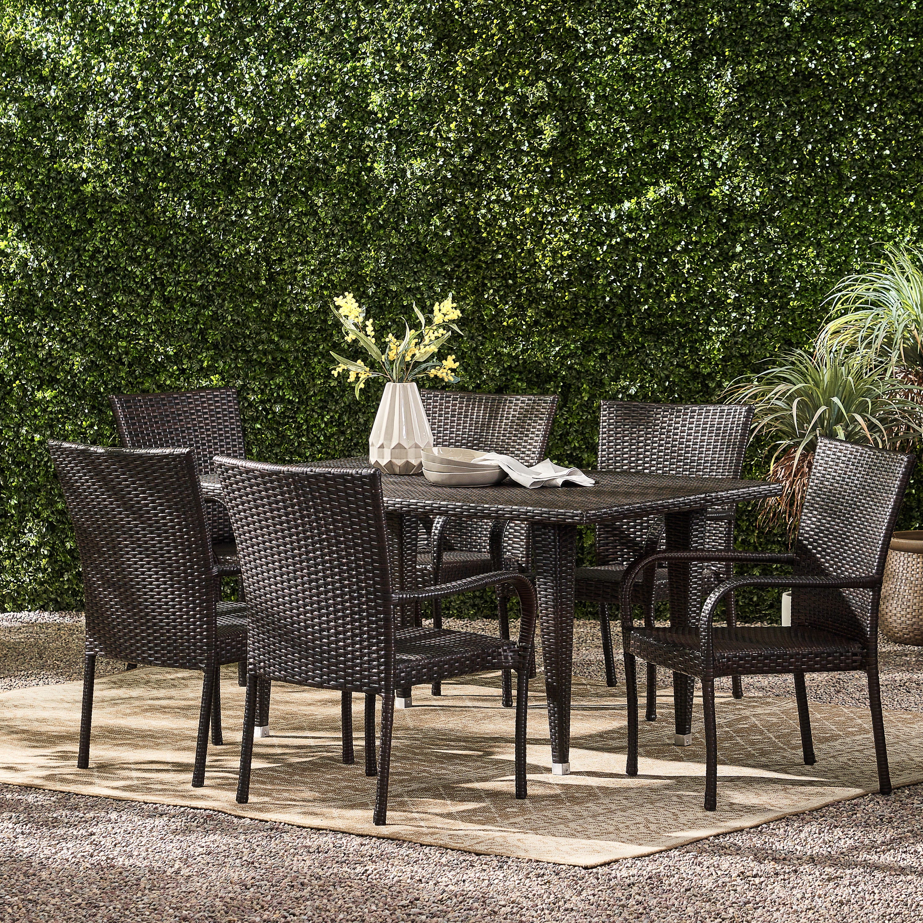 Yomunt Outdoor 7-Piece Multi-Brown Wicker Dining Set with Stackable Chairs - furnishings