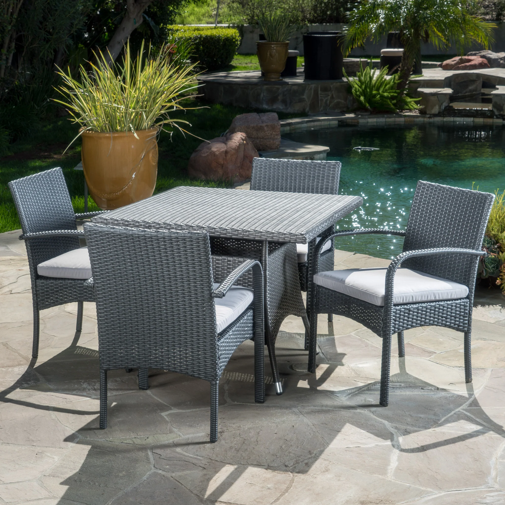 Pattinson Outdoor 5 Piece Grey Wicker Dining Set with Cushions - furnishings