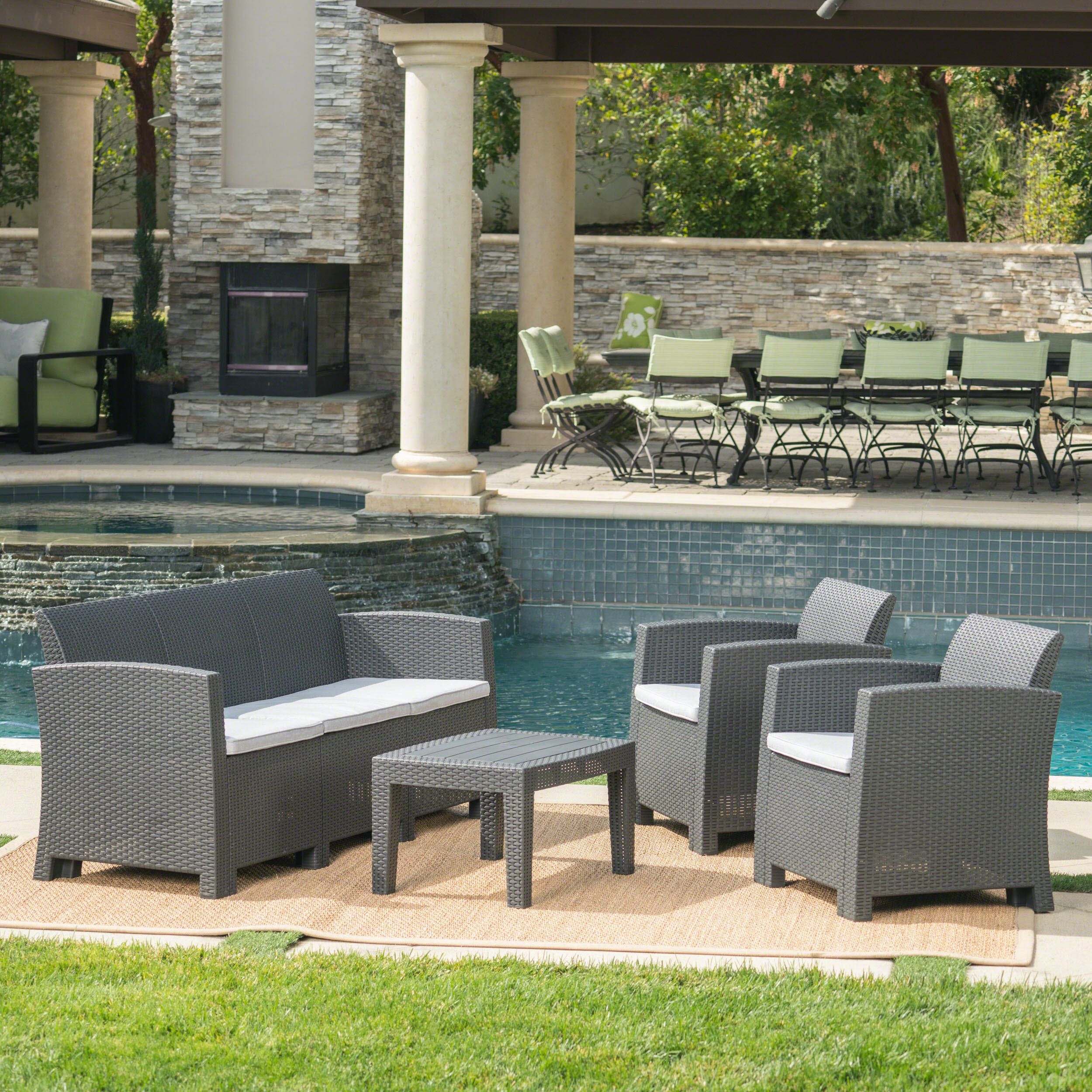 Jacob Outdoor 4 Piece Charcoal Faux Wicker Rattan Style Chat Set - furnishings
