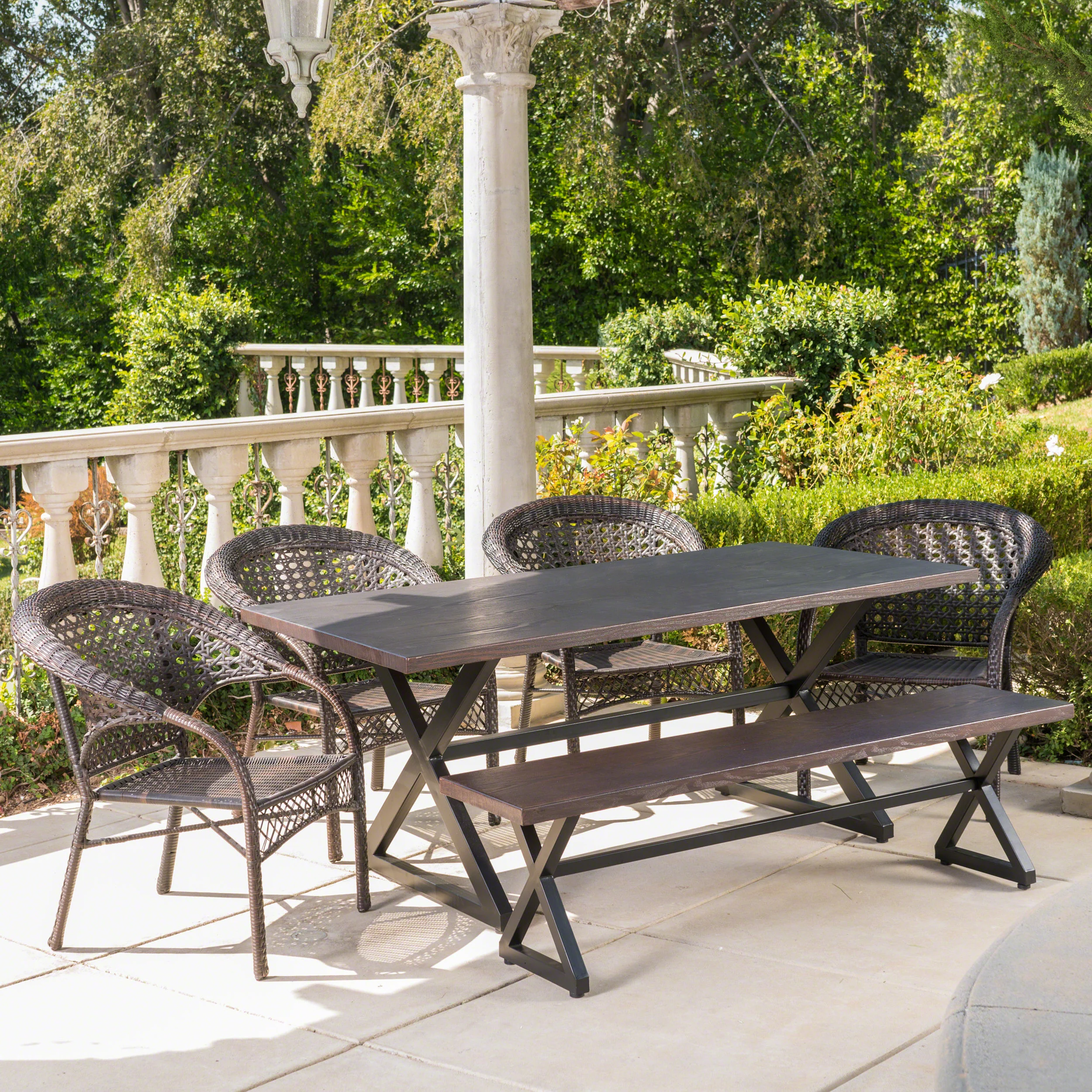 Keness Outdoor 6 Piece Aluminum Dining Set with Bench and Wicker Stacking Chairs - furnishings