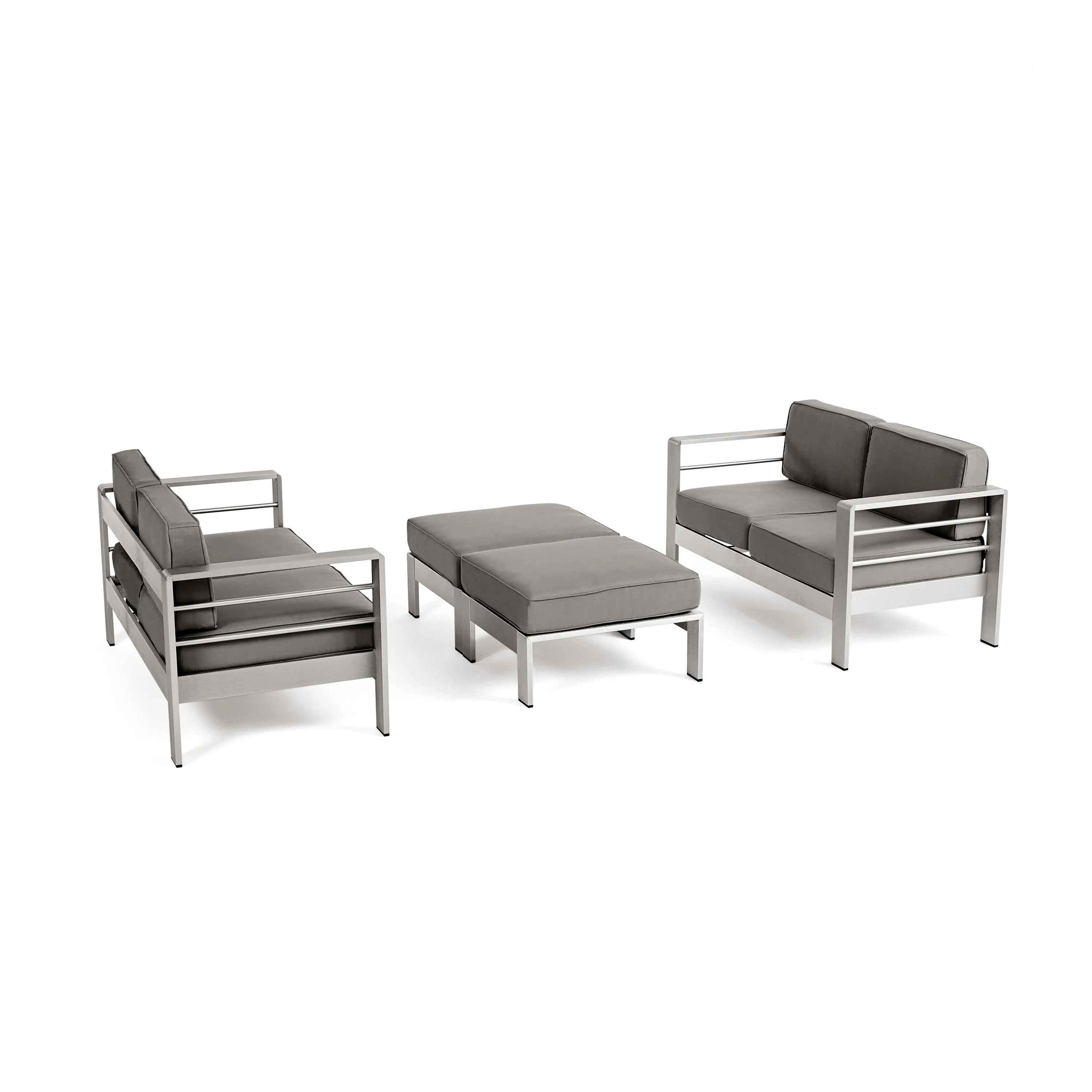 Emily Coral Outdoor 4-Seater Aluminum Loveseat and Ottoman Set, Silver and Khaki - furnishings