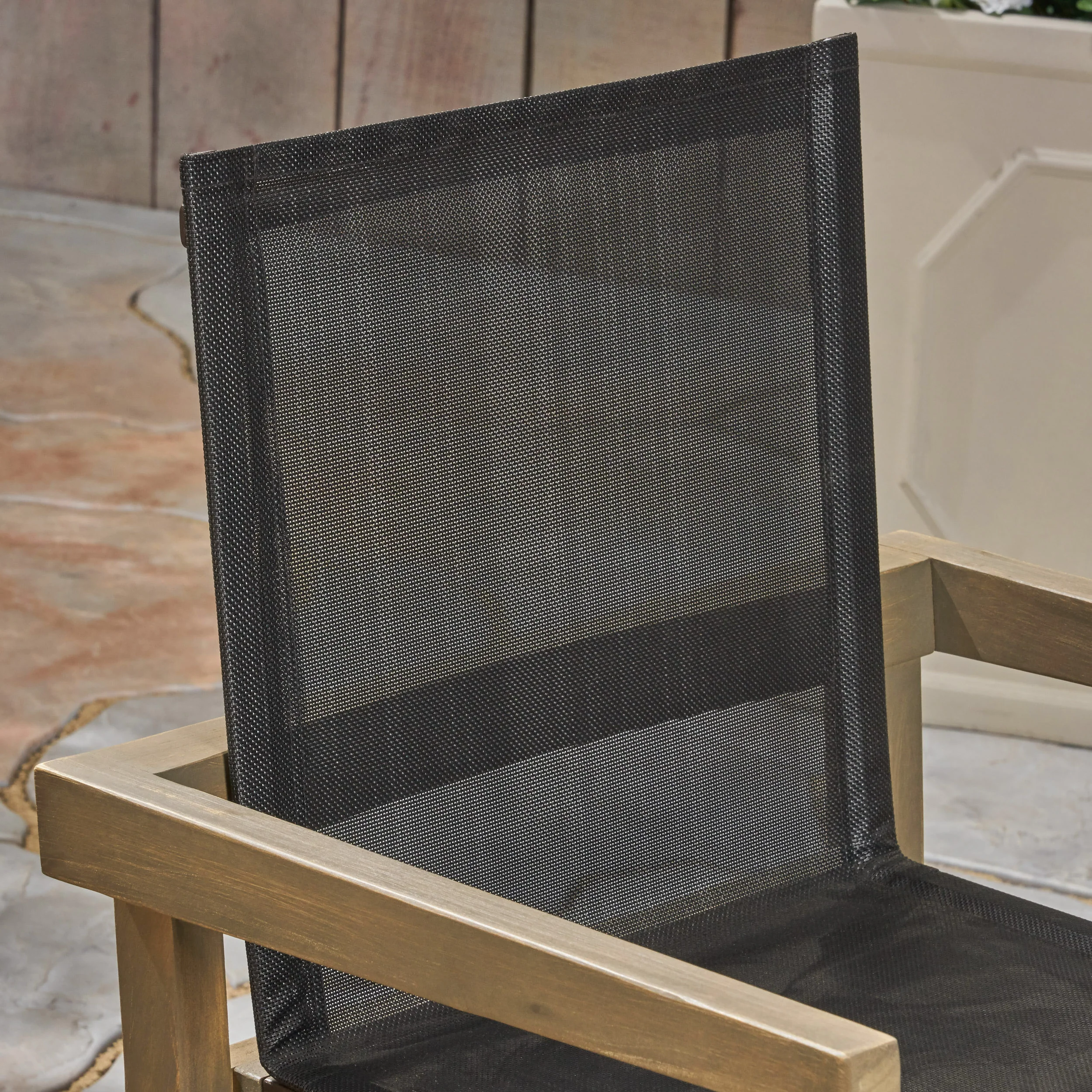 Ruiz Outdoor Acacia Wood 4 Seater Square Dining Set with Mesh Seats - furnishings