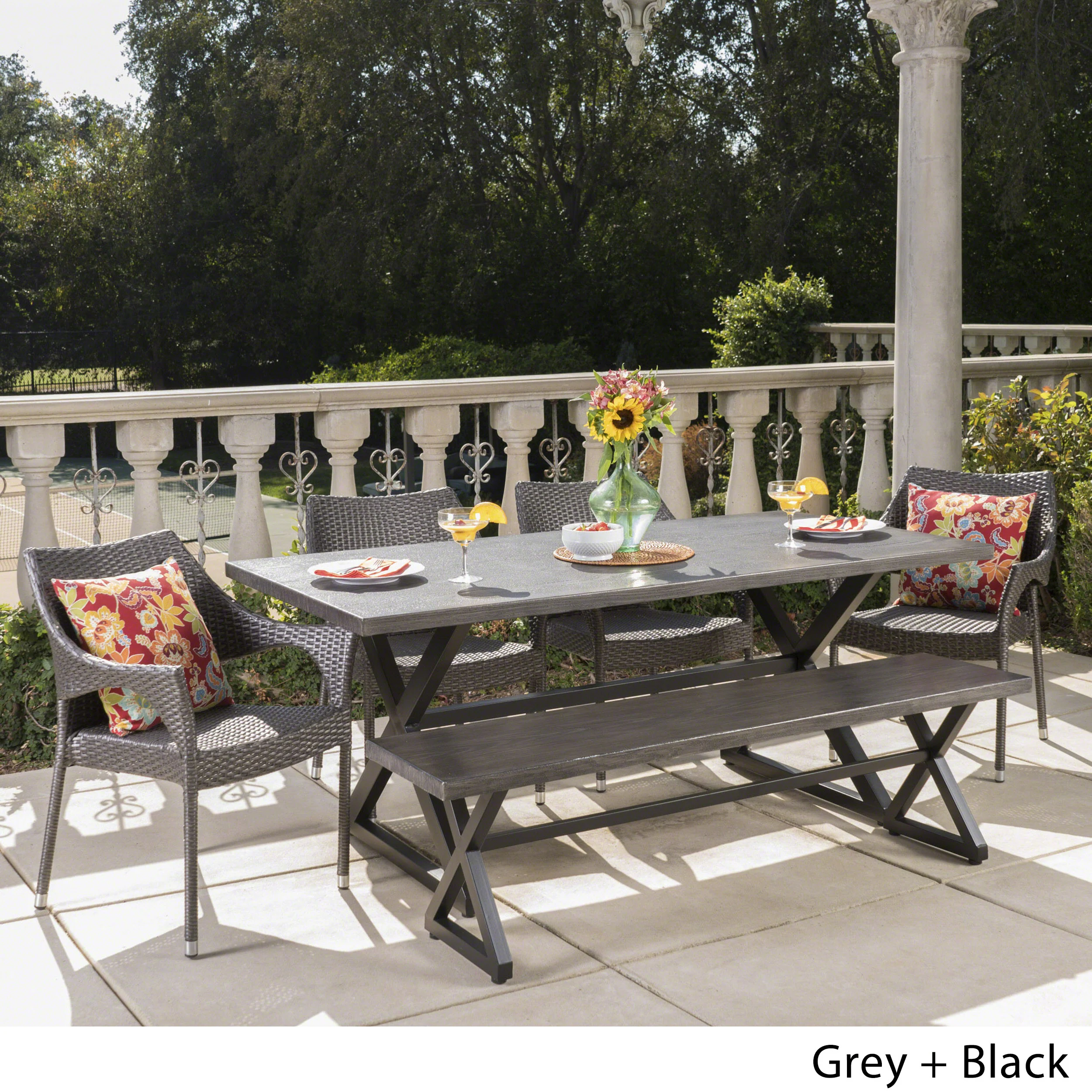 Ismus Outdoor 6 Piece Aluminum Dining Set with Bench and Stacking Chairs - furnishings