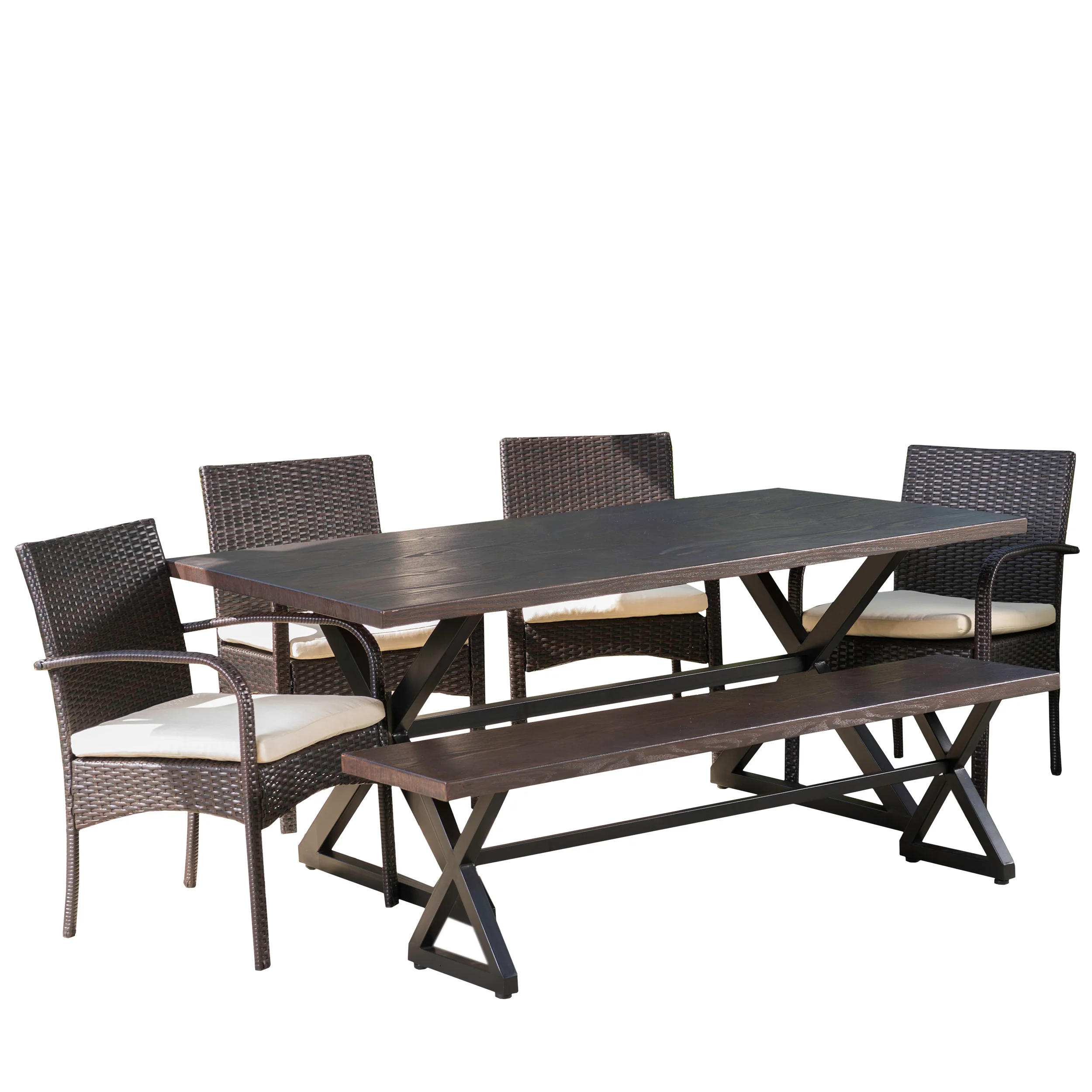 Palladium Outdoor 6 Piece Brown Aluminum Dining Set with Bench and Wicker Dining Chairs - furnishings