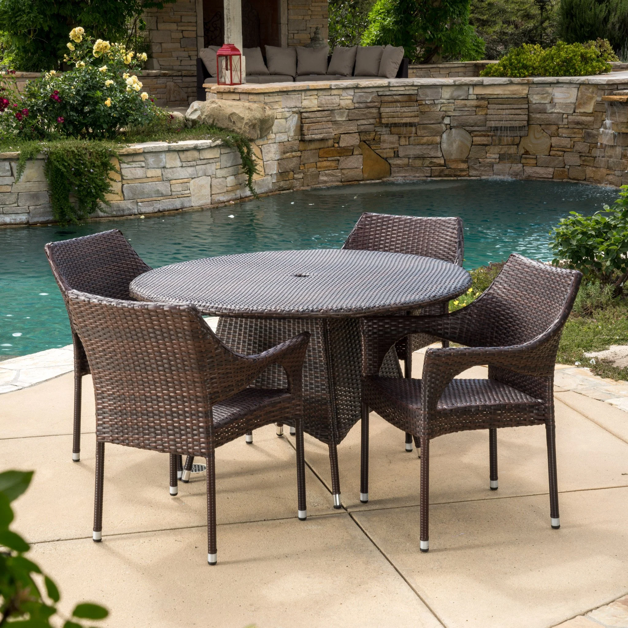 Lorelei Outdoor 5-Piece Multi-Brown Wicker Round Dining Set with Umbrella Hole - furnishings