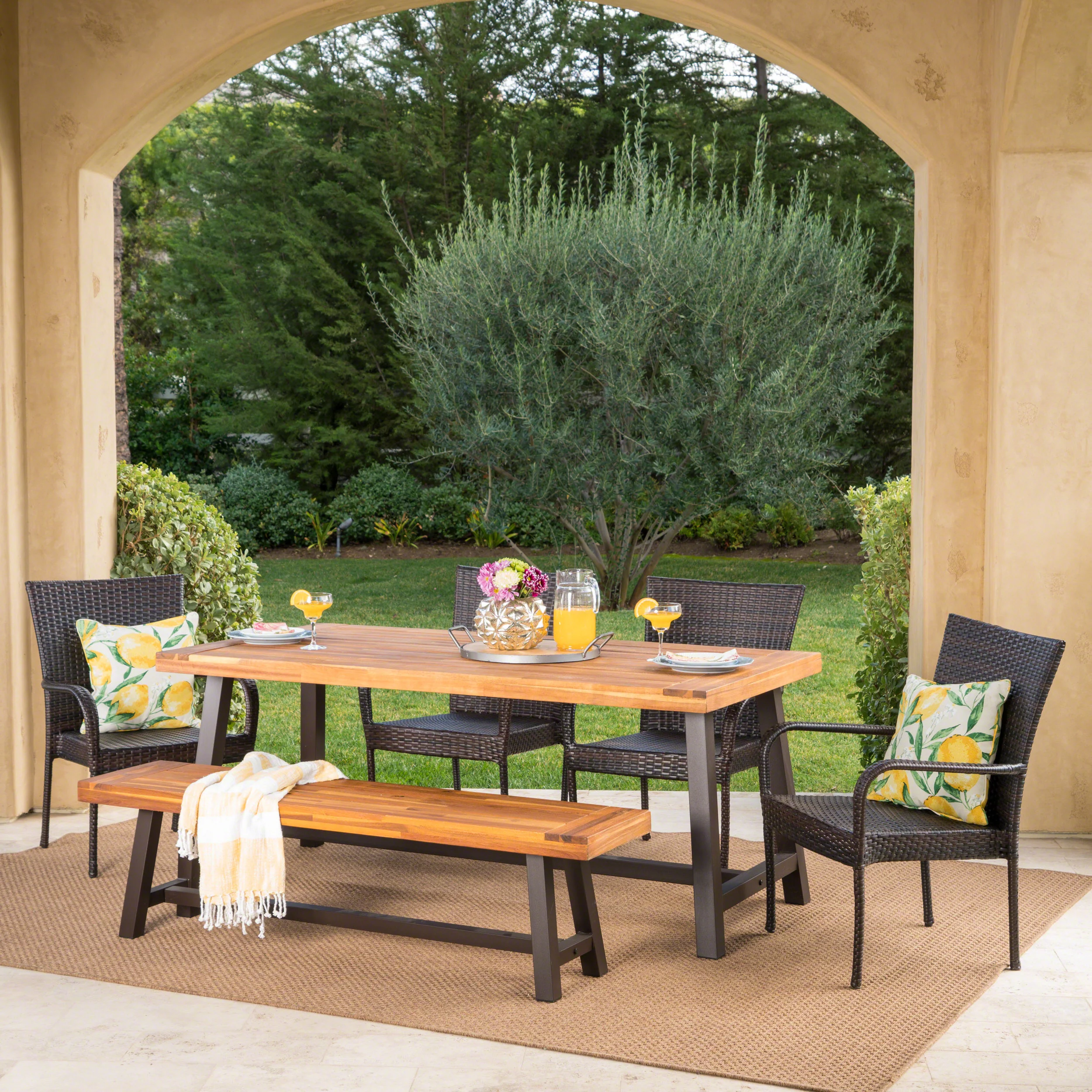 Luminous Outdoor 6 Piece Iron and Acacia Wood Dining Set with Wicker Stacking Chairs - furnishings