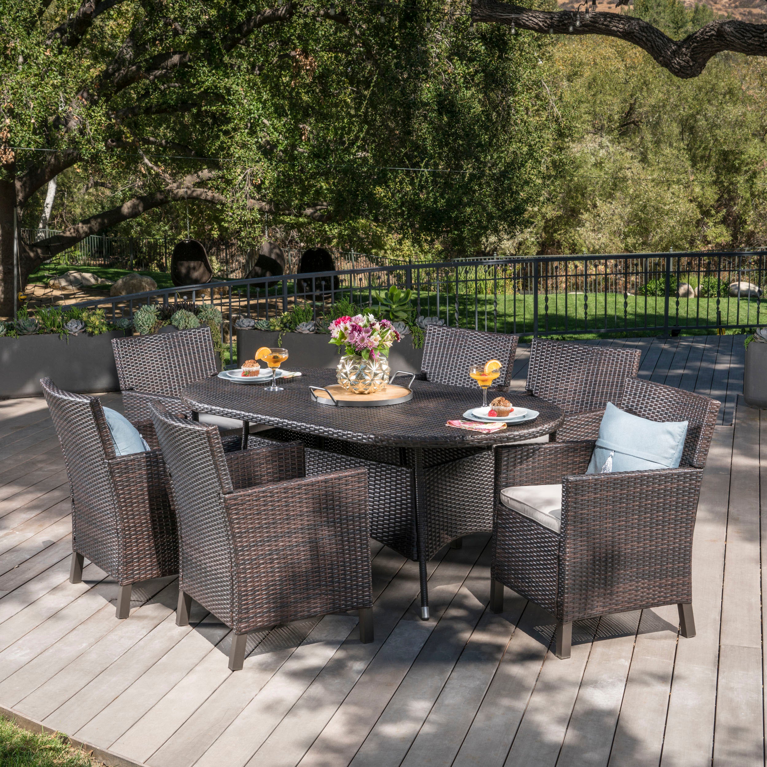 Cyril Outdoor 7 Piece Wicker Round Dining Set with Water Resistant Cushions - furnishings