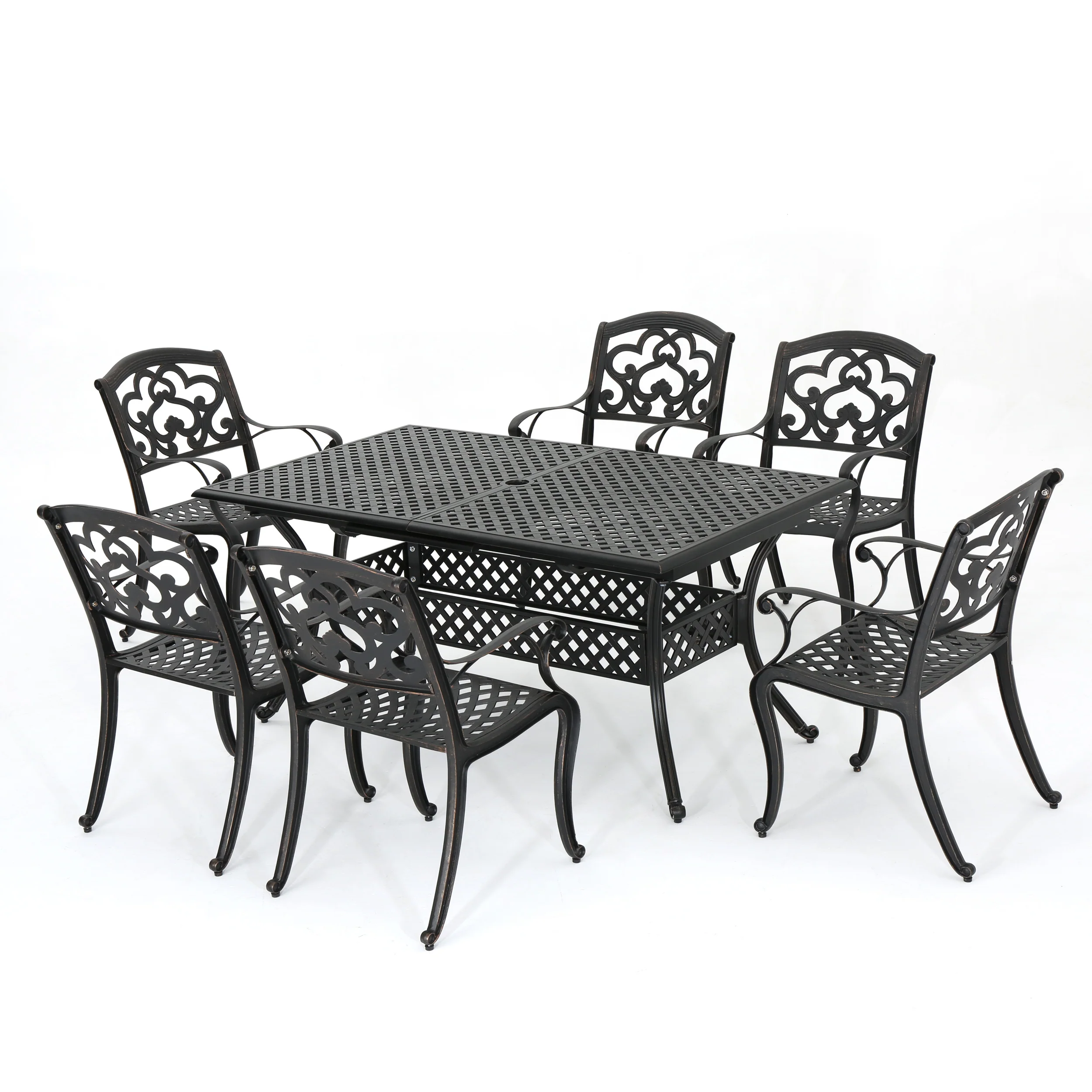 Ariel Outdoor 7 Pc Cast Aluminum Dining Set with Extension Leaf - furnishings